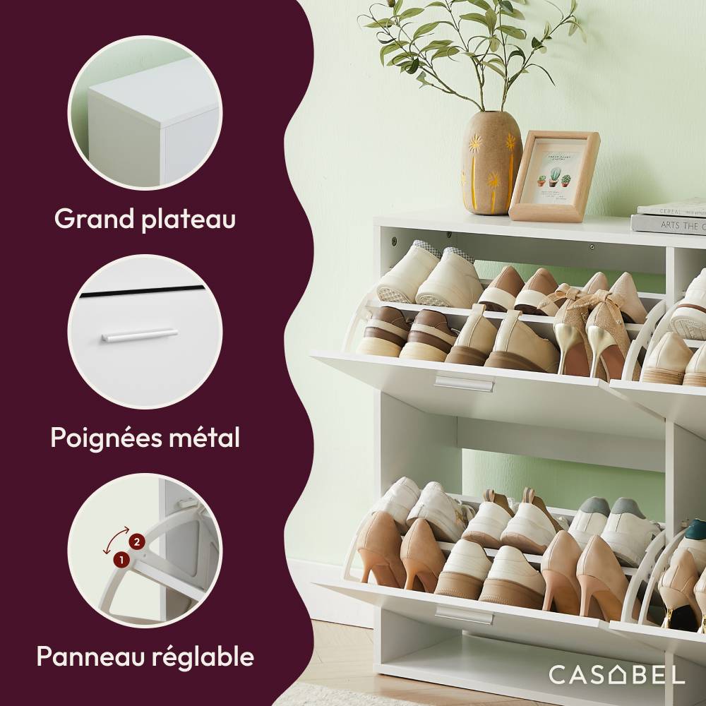 Meuble à Chaussures - Armoire à Chaussures 4 Abattants - Blanc CASABEL - Image 5