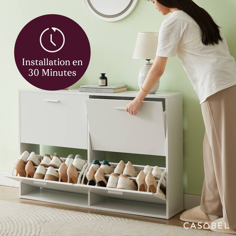 Meuble à Chaussures - Armoire à Chaussures 4 Abattants - Blanc CASABEL - Image 4