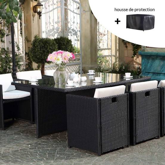 Salon de jardin 6 places noir-blanc + housse de protection MIAMI - Image 2