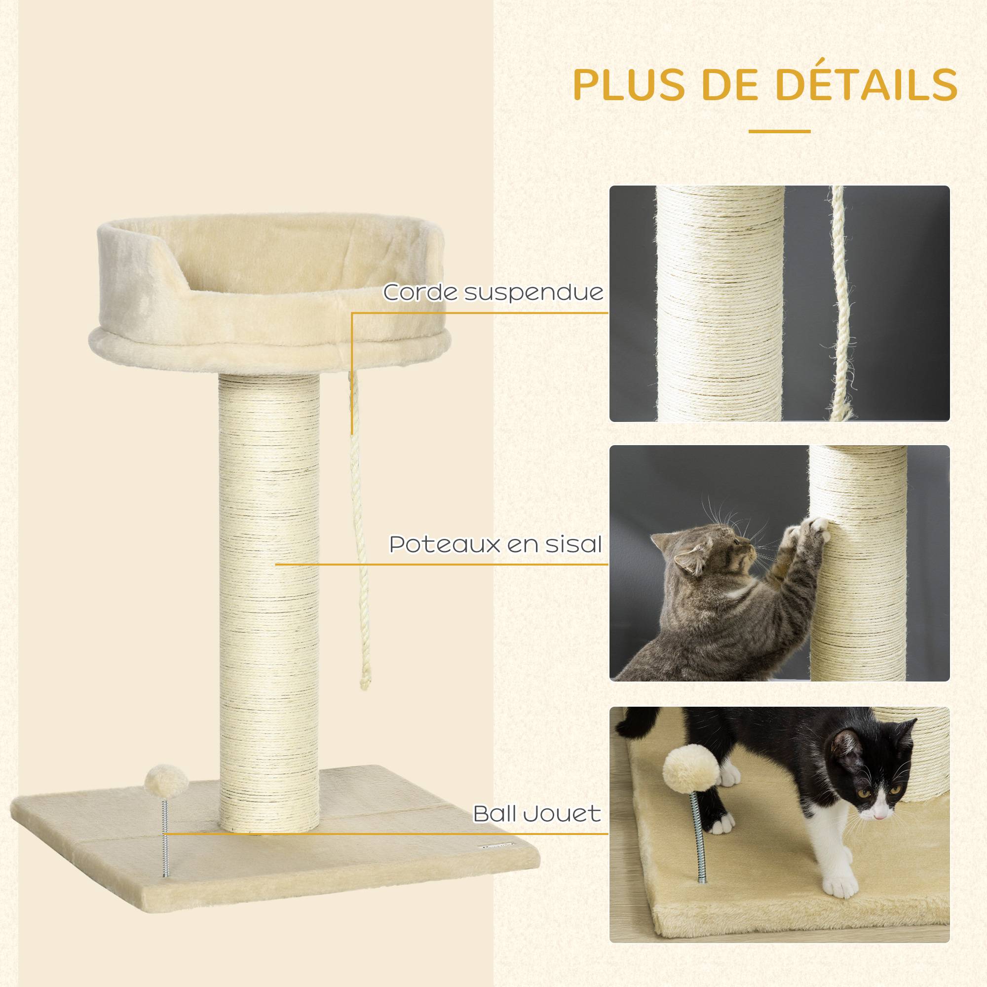 Pawhut - Arbre à chat griffoir grattoir sisal naturel plateforme d'observation corde d'escalade boule à ressort peluche beige - Image 5