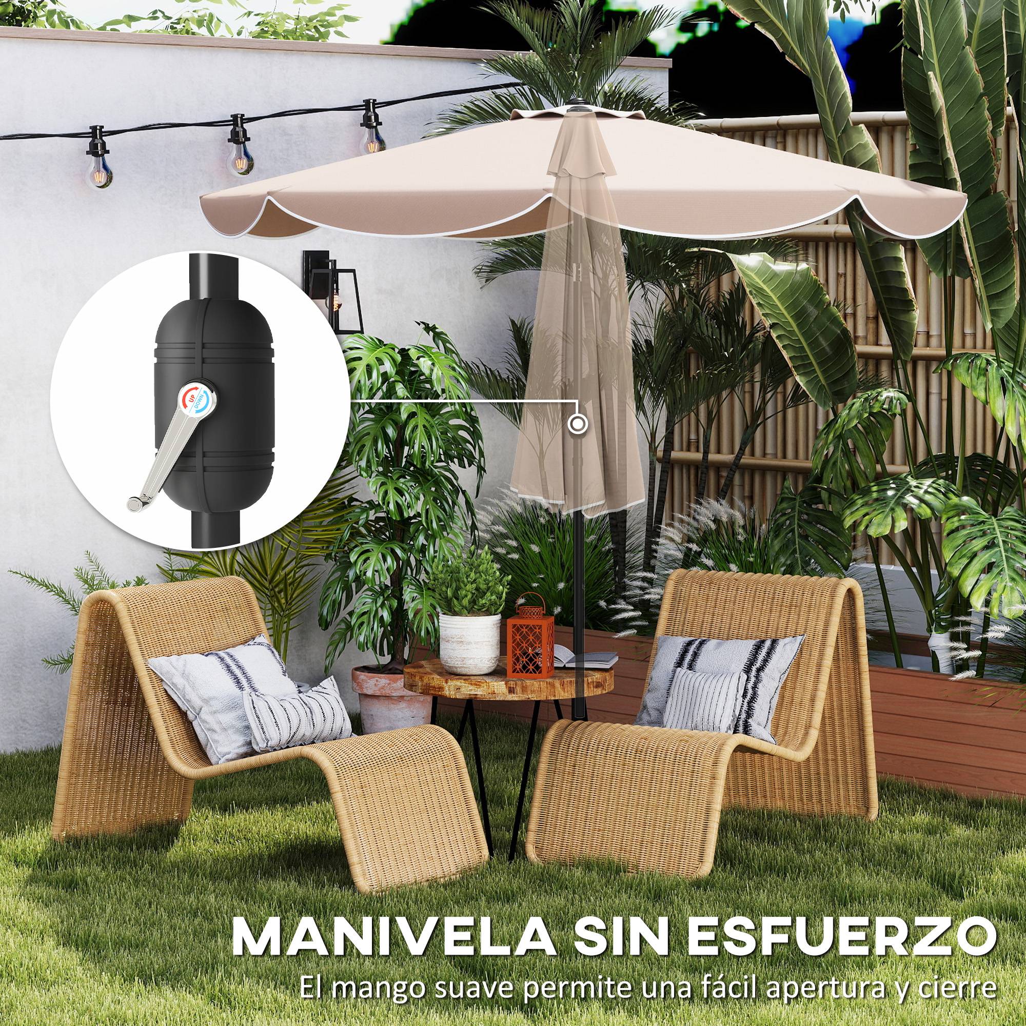 Parasol terrasse exterieur Ø2,7 m, inclinaison ajustable 3 positions, manivelle et volant, kaki - Image 8