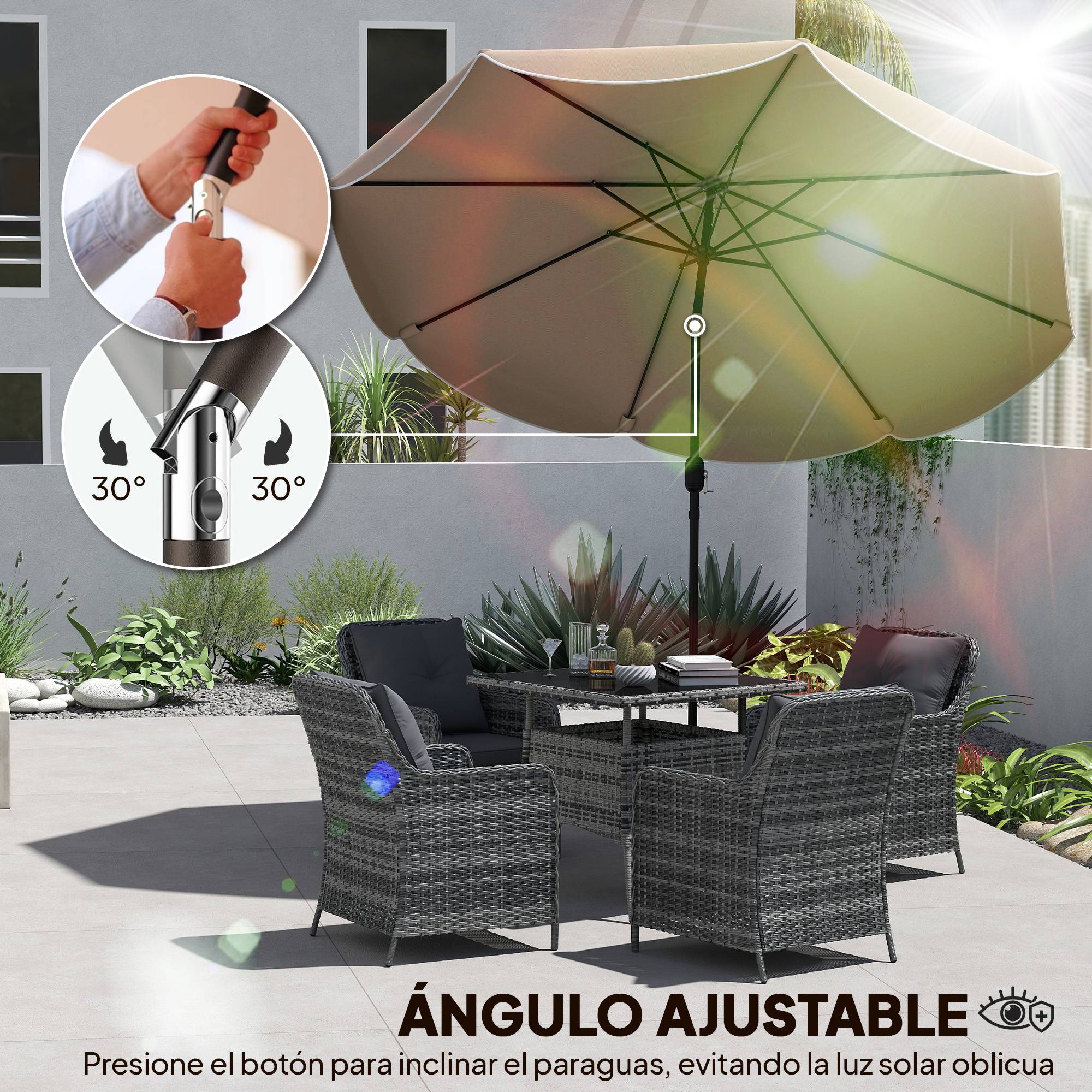 Parasol terrasse exterieur Ø2,7 m, inclinaison ajustable 3 positions, manivelle et volant, kaki - Image 7