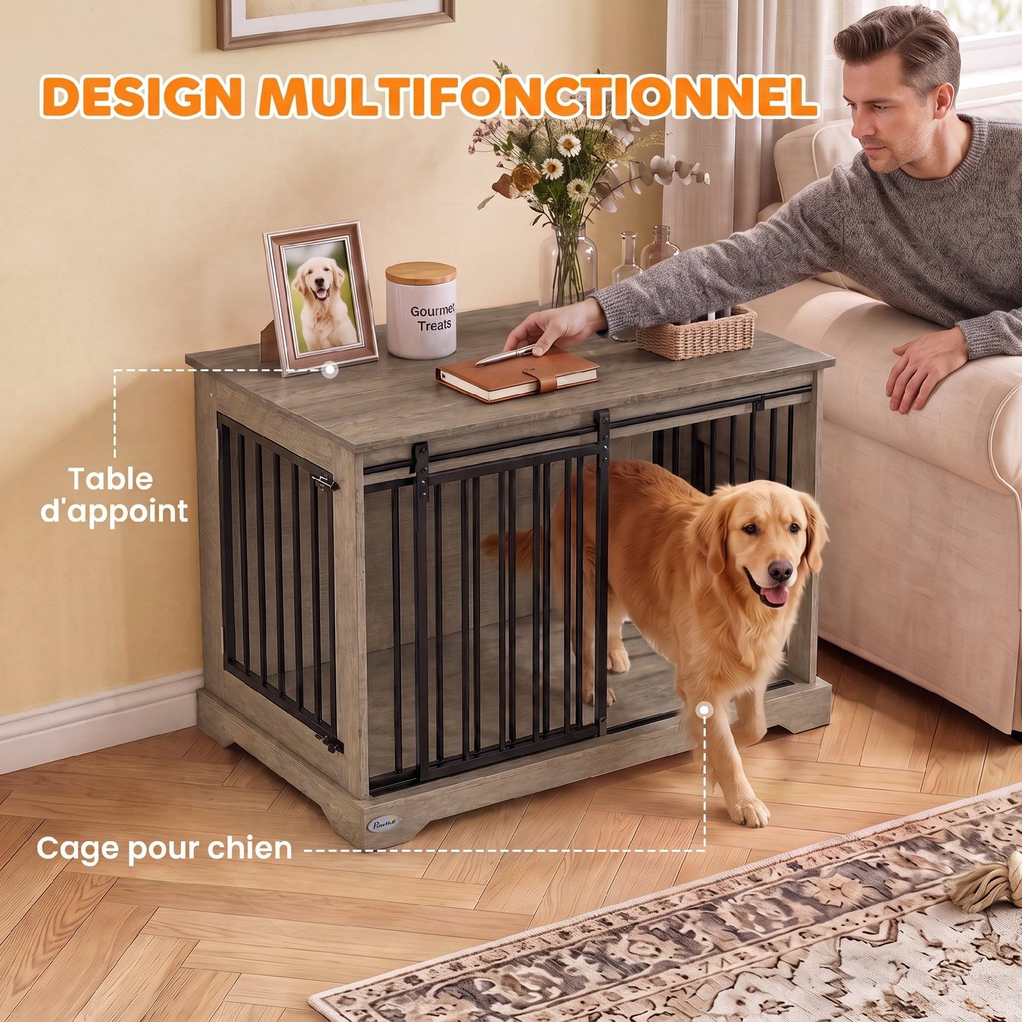 Cage pour chien bois et acier, porte coulissante, table d'appoint, niche moderne 100x60x68cm, effet bois gris - Image 9