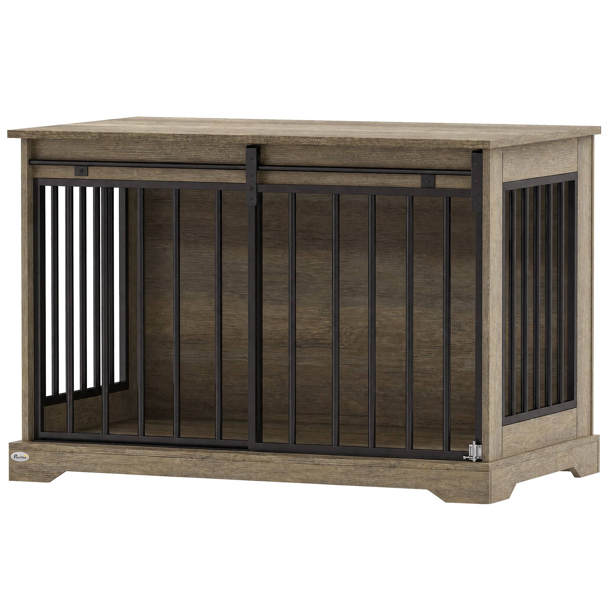 Cage pour chien bois et acier, porte coulissante, table d'appoint, niche moderne 100x60x68cm, effet bois gris - Image 2
