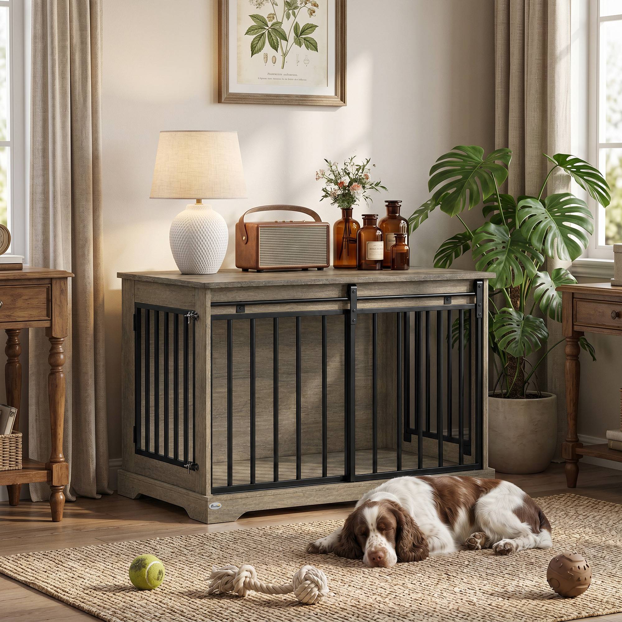 Cage pour chien bois et acier, porte coulissante, table d'appoint, niche moderne 100x60x68cm, effet bois gris - Image 4