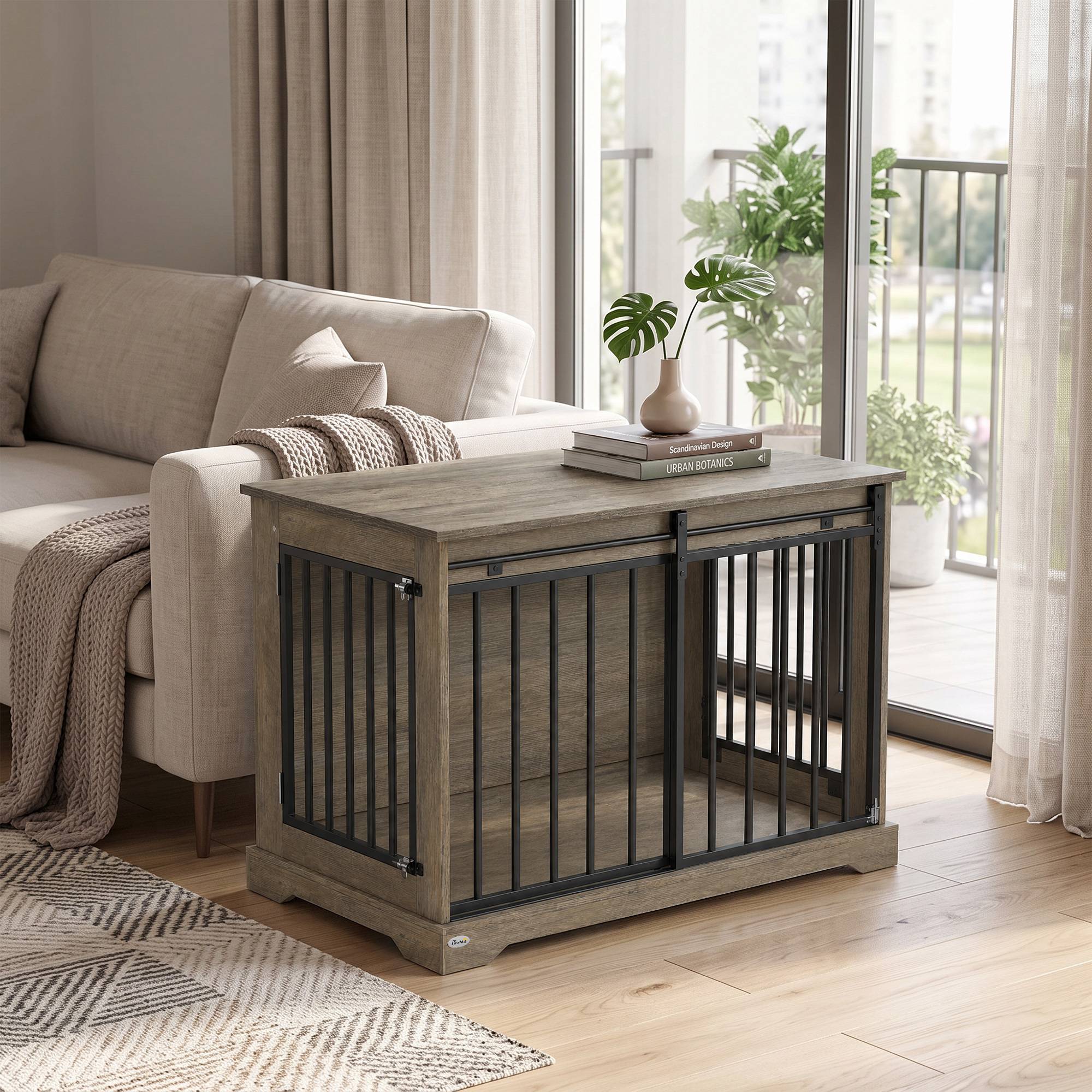 Cage pour chien bois et acier, porte coulissante, table d'appoint, niche moderne 100x60x68cm, effet bois gris - Image 10