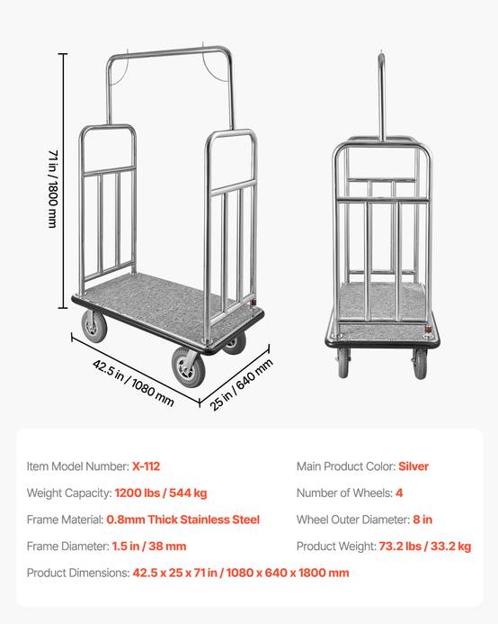 VEVOR Chariot Porte Bagages Hôtel Plate-forme 544 kg Finition Acier Inox Brossé - Image 7