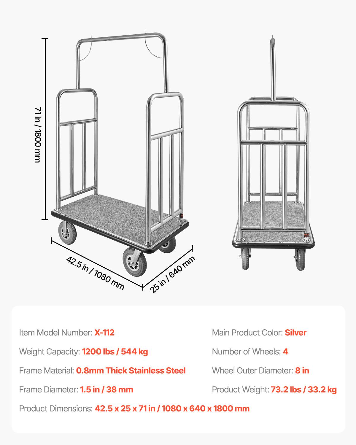 VEVOR Chariot Porte Bagages Hôtel Plate-forme 544 kg Finition Acier Inox Brossé - Image 7