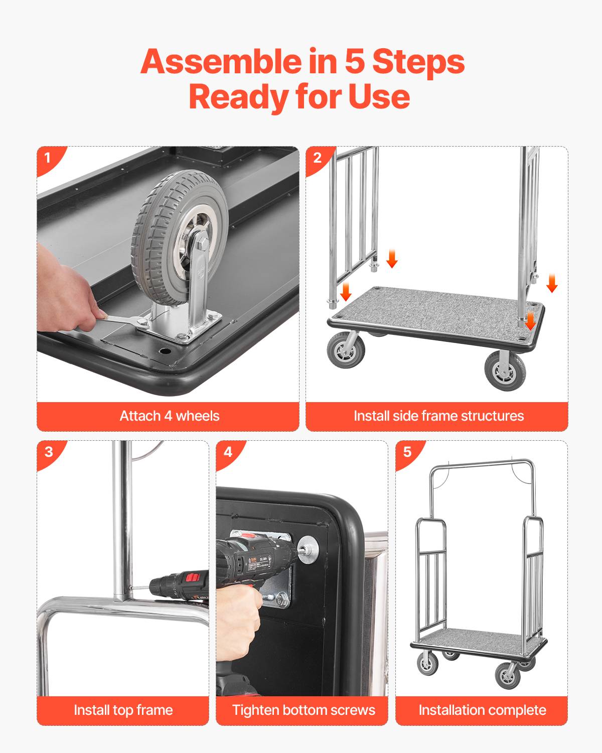 VEVOR Chariot Porte Bagages Hôtel Plate-forme 544 kg Finition Acier Inox Brossé - Image 6