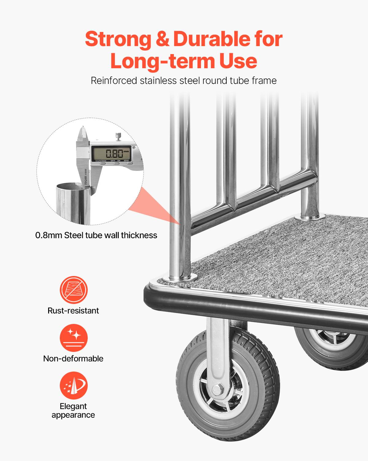 VEVOR Chariot Porte Bagages Hôtel Plate-forme 544 kg Finition Acier Inox Brossé - Image 3
