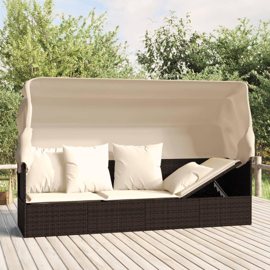 Lit de salon d'extérieur | Transat | Bain de soleil toit et coussins Marron Résine tressée - Image 2