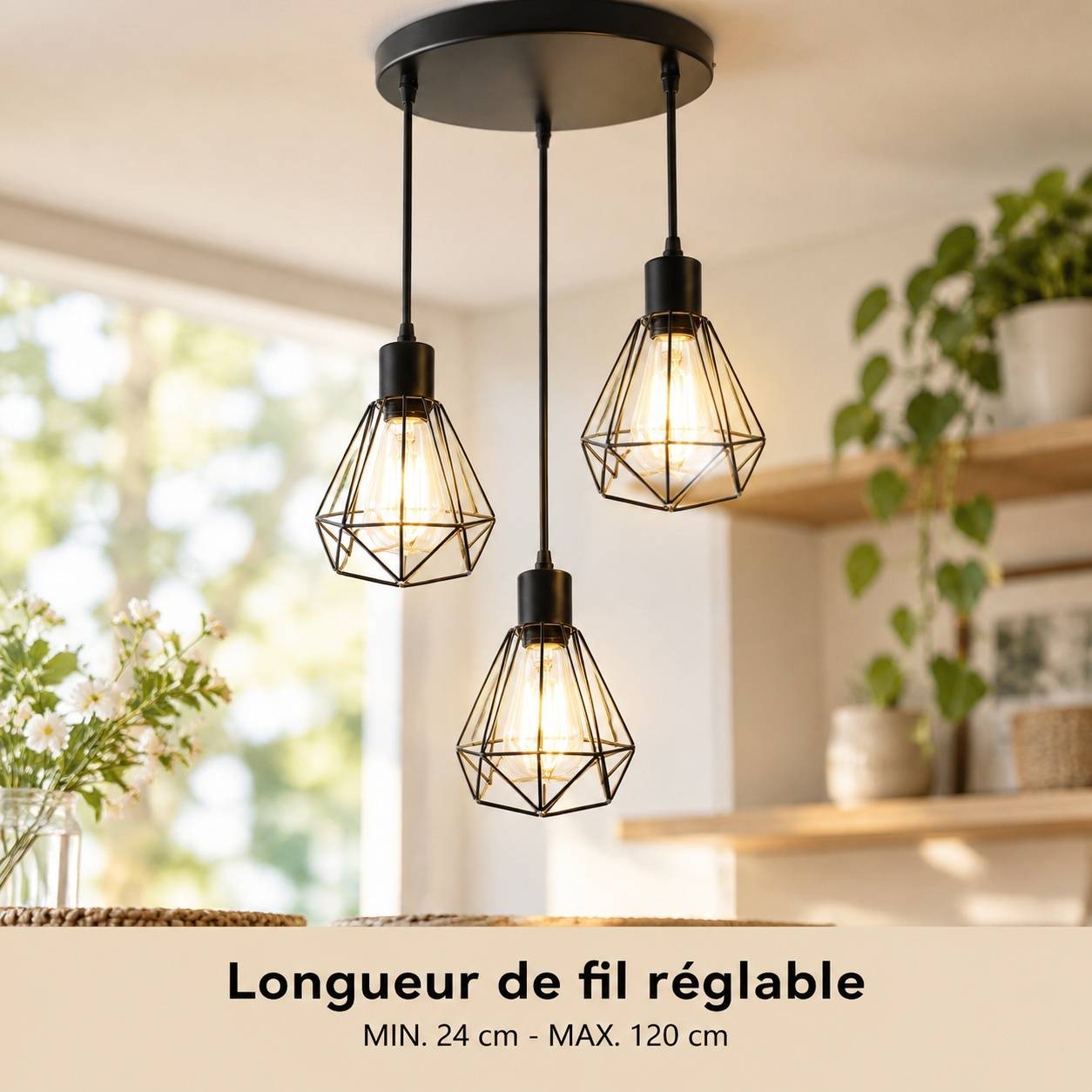 Suspension Industrielle 3 Lampes E27 Métal Design Restaurant Salon - Image 2