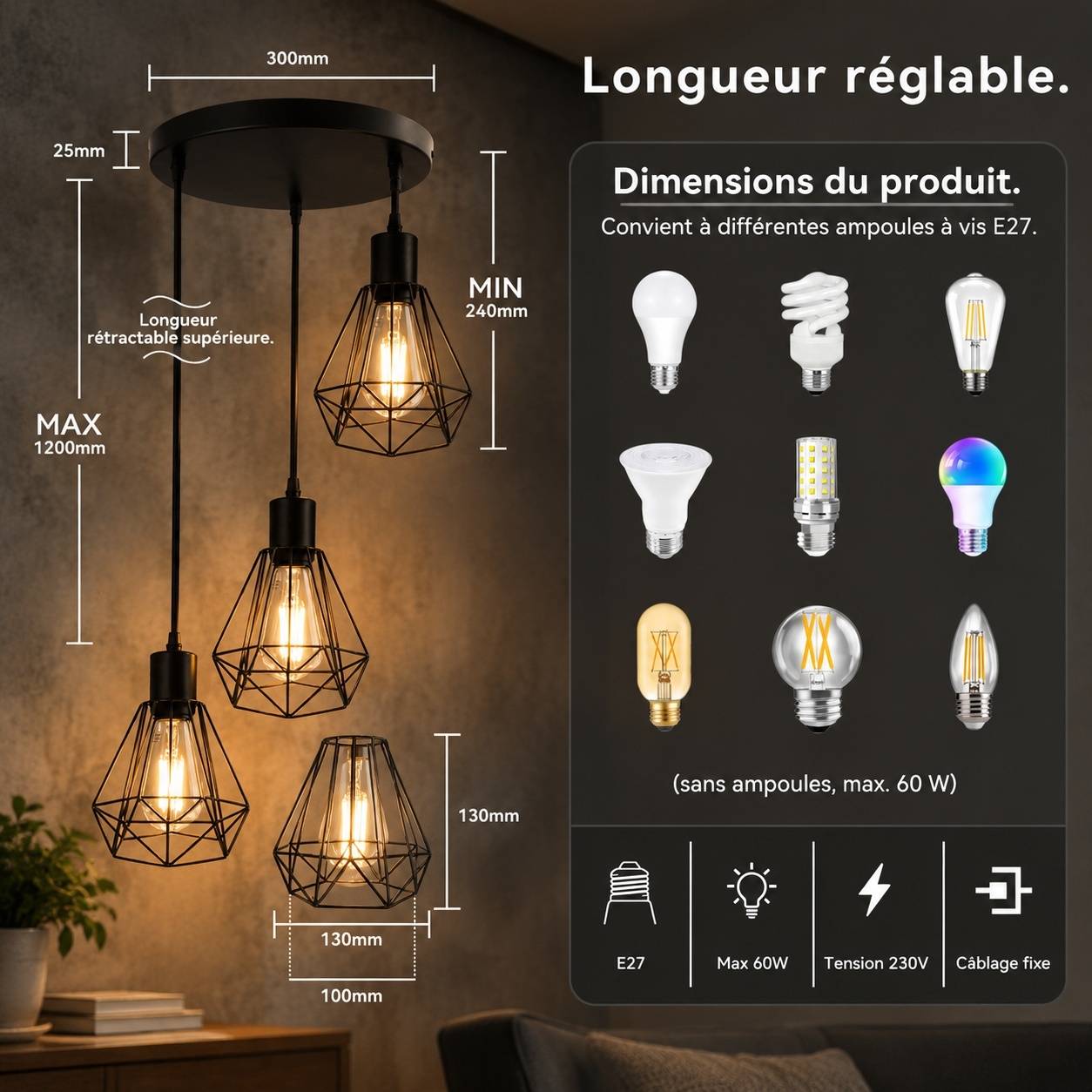 Suspension Industrielle 3 Lampes E27 Métal Design Restaurant Salon - Image 3