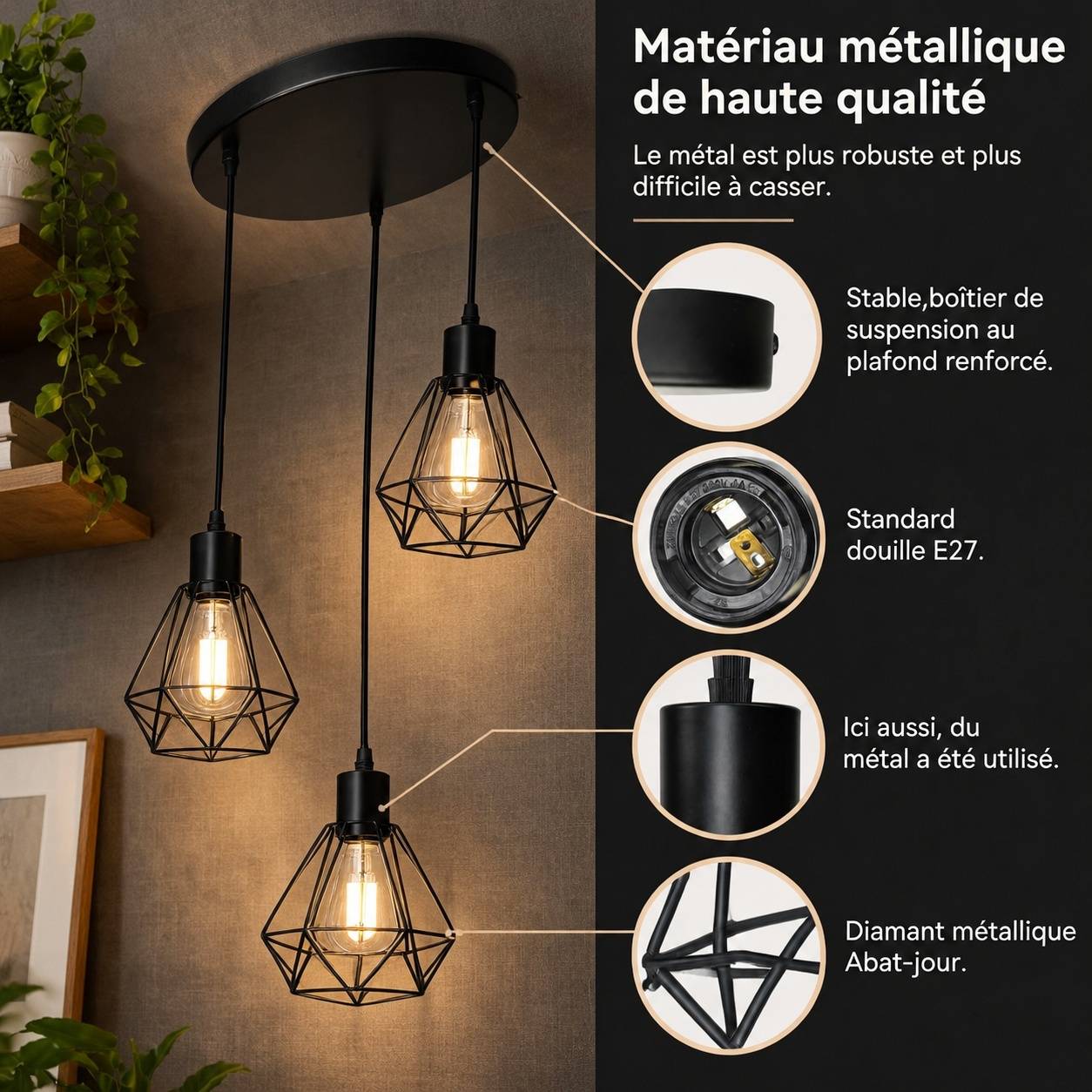 Suspension Industrielle 3 Lampes E27 Métal Design Restaurant Salon - Image 6