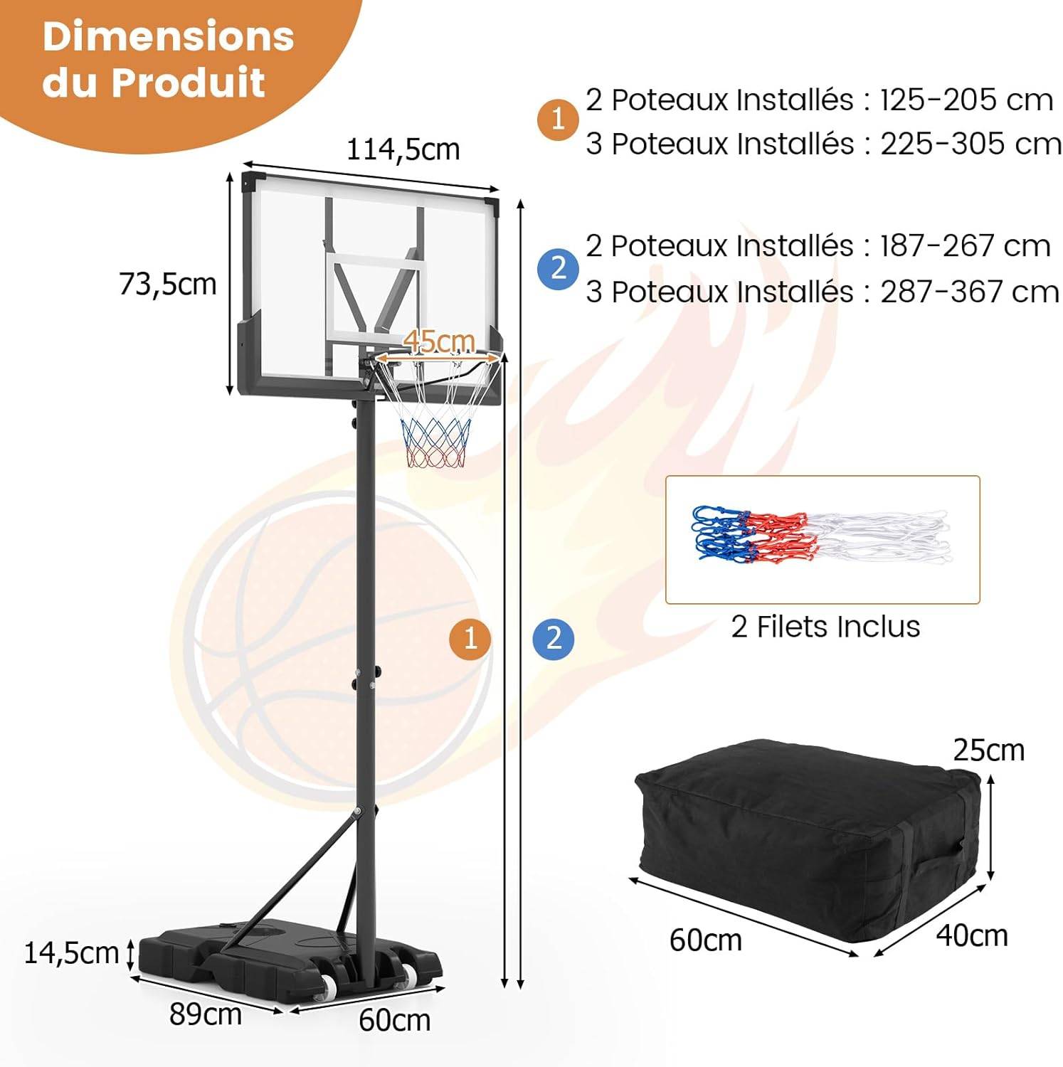 COSTWAY Panier De Basket Réglable 225-305 Cm – Panneau PC Incassable, Roues, Sac De Lest, Indoor/outdoor