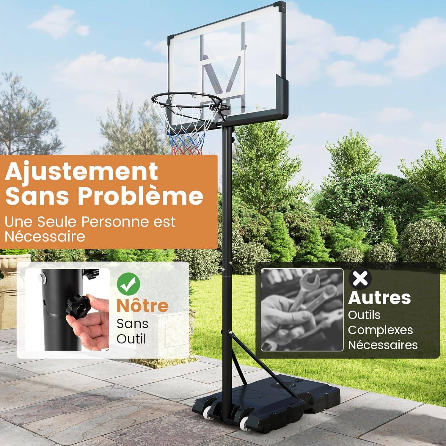 COSTWAY Panier de Basket-ball sur Pied Enfant Hauteur Réglable 197-258cm Roues Mobile Filet en Nylon Base Lestable Système de COSTWAY Panier de Basket-ball sur Pied Enfant Hauteur Réglable 197-258cm Roues Mobile Filet en Nylon Base Lestable Système de