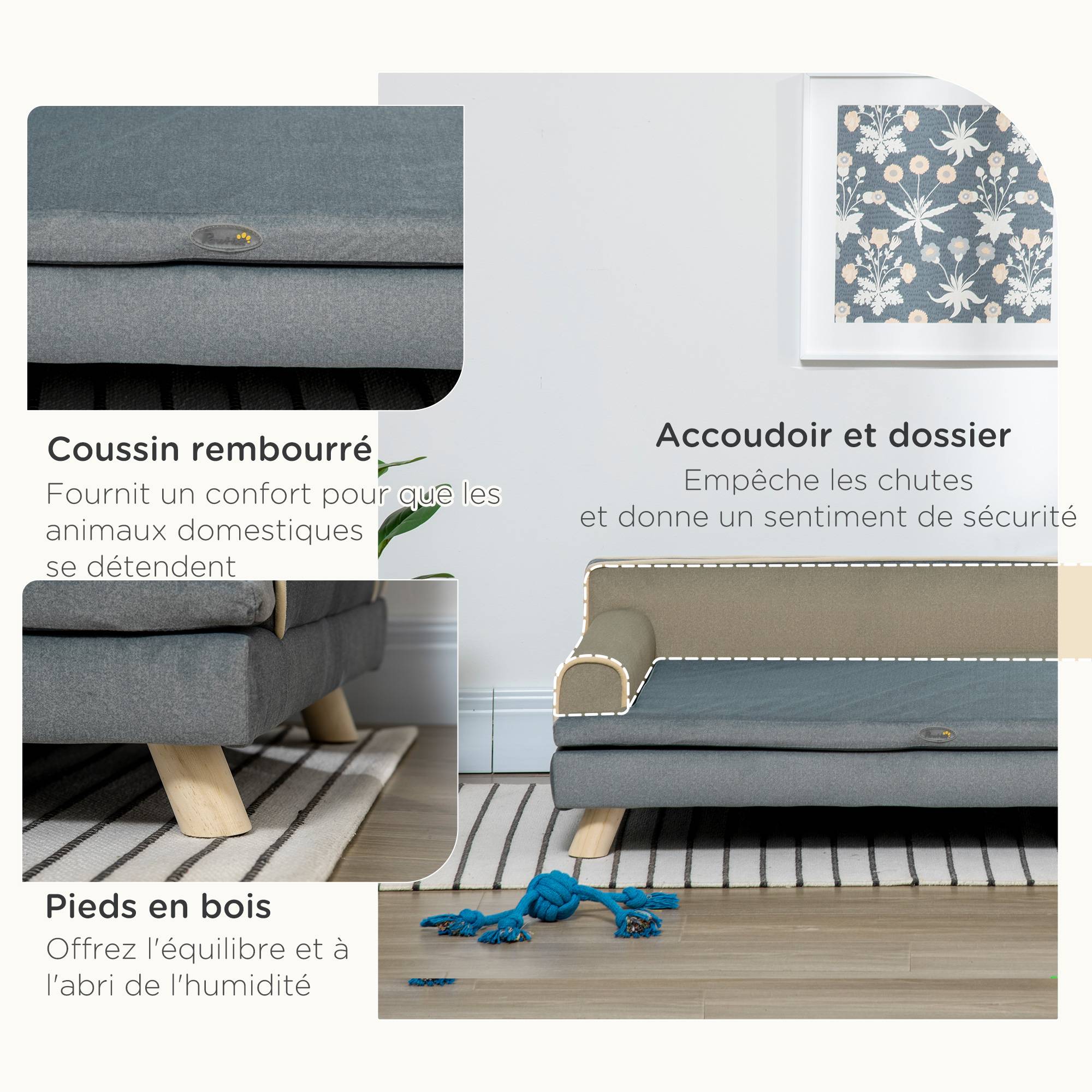 ComfortXL - Grand canapé velours pour chien et chat repos optimal 100x62x32cm gris - ComfortXL Outdoor Living - Image 8