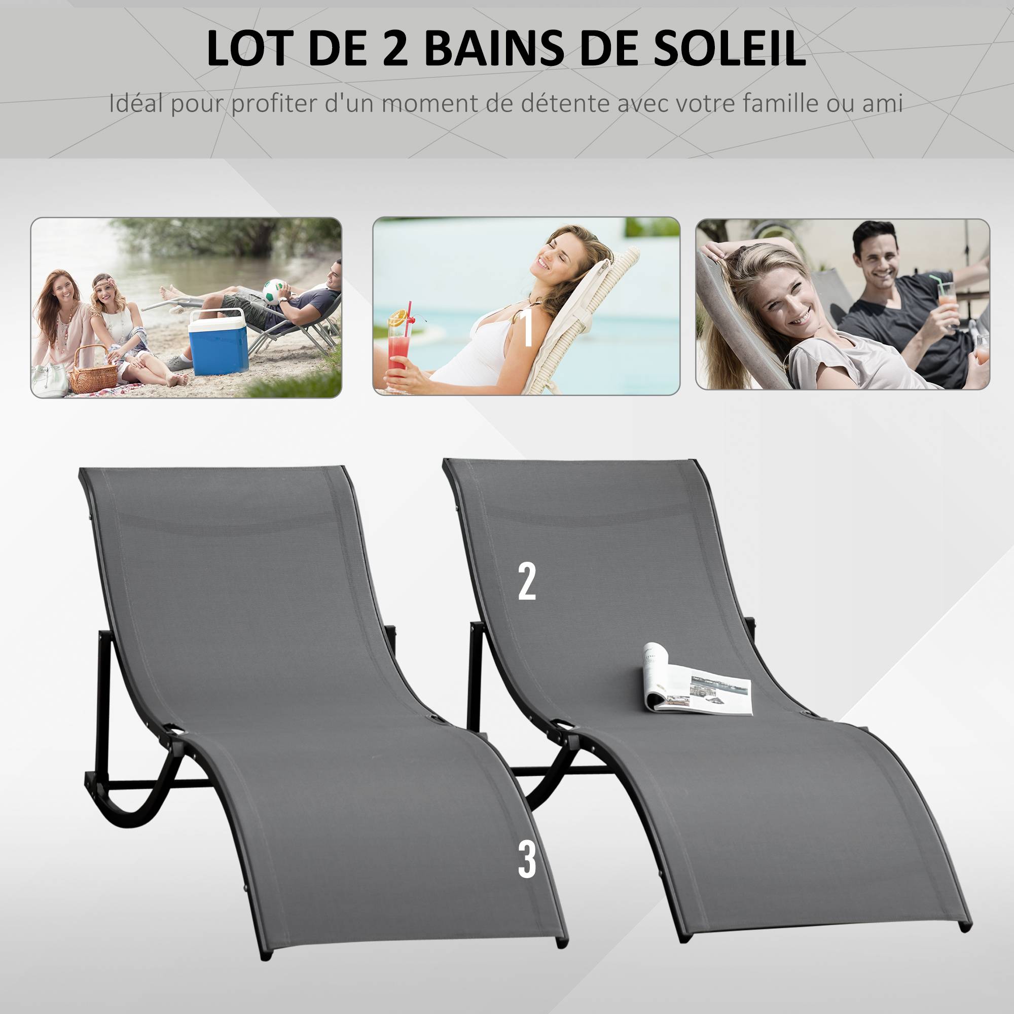 Sans Marque - Lot de 2 bains de soleil pliables, chaise longue jardin extérieur en aluminium et textilène anthracite - Image 5