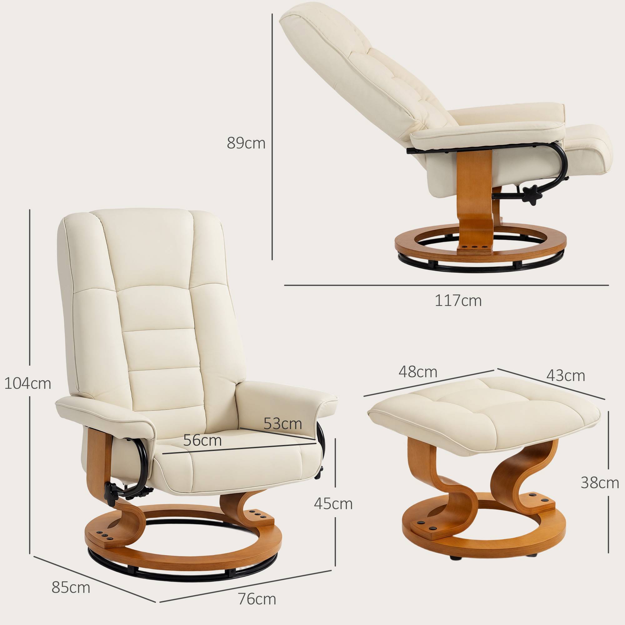 Fauteuil de relaxation inclinable avec repose-pied, pivotant, cadre en bois , revêtement synthétique crème - Image 5