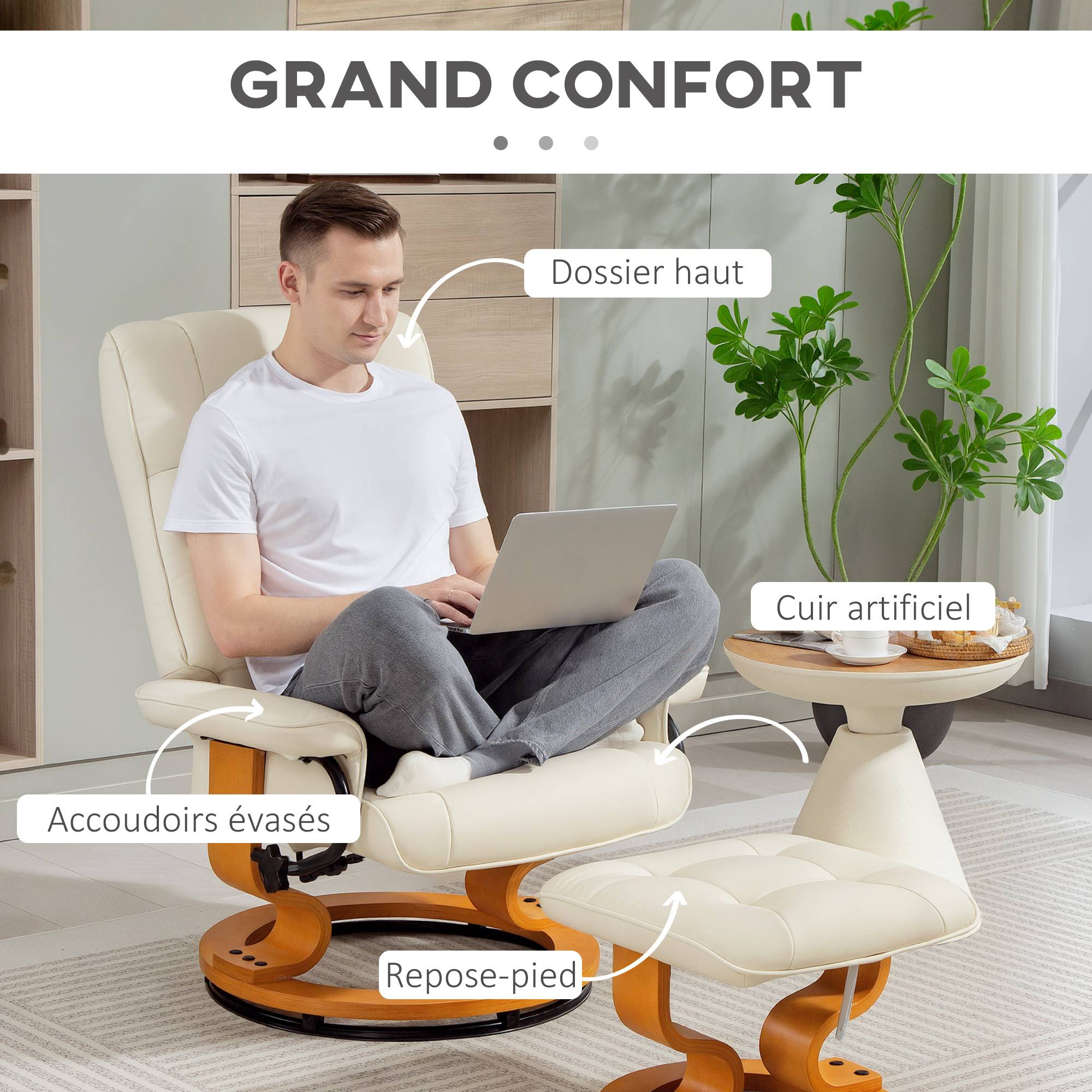 Fauteuil de relaxation inclinable avec repose-pied, pivotant, cadre en bois , revêtement synthétique crème - Image 8