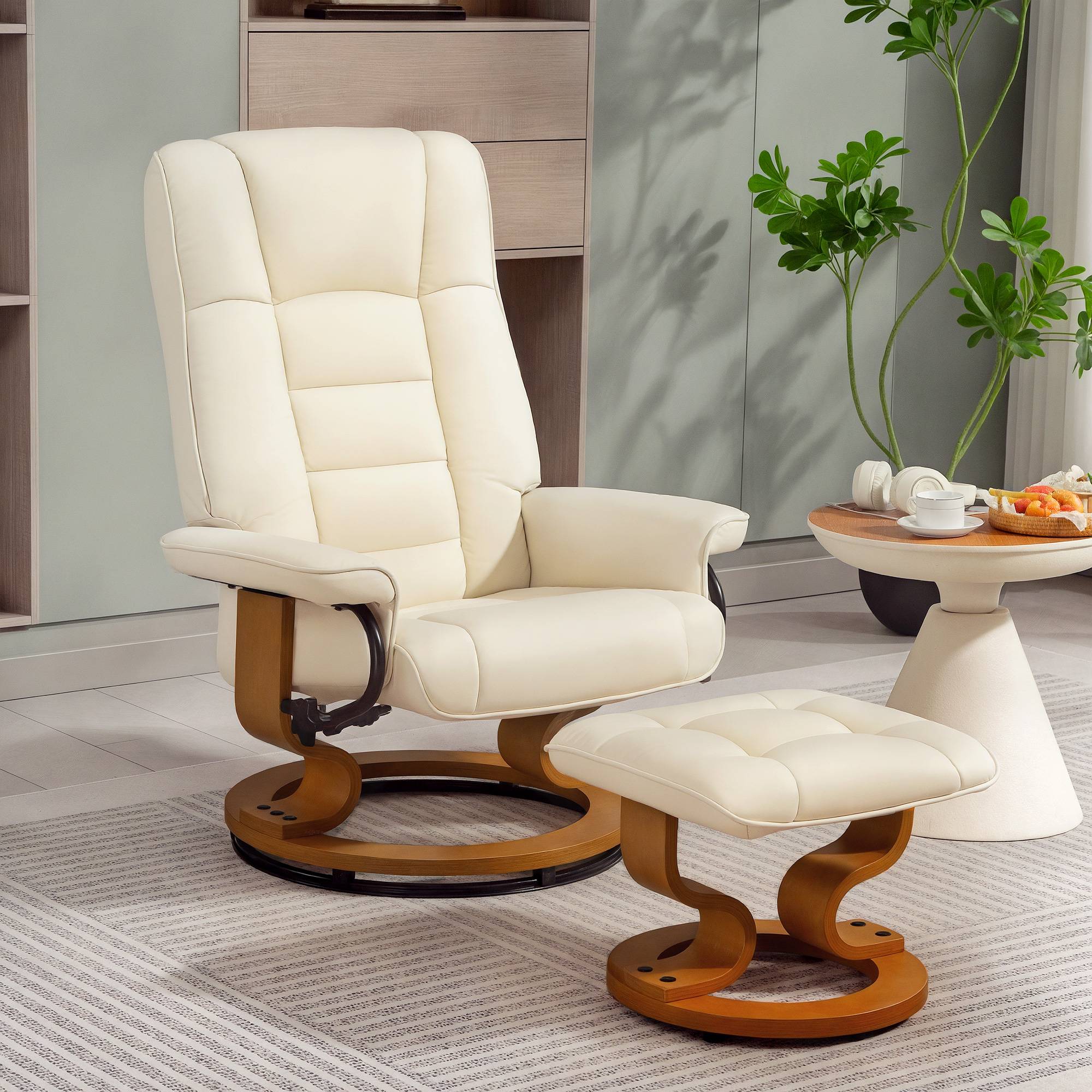 Fauteuil de relaxation inclinable avec repose-pied, pivotant, cadre en bois , revêtement synthétique crème - Image 3