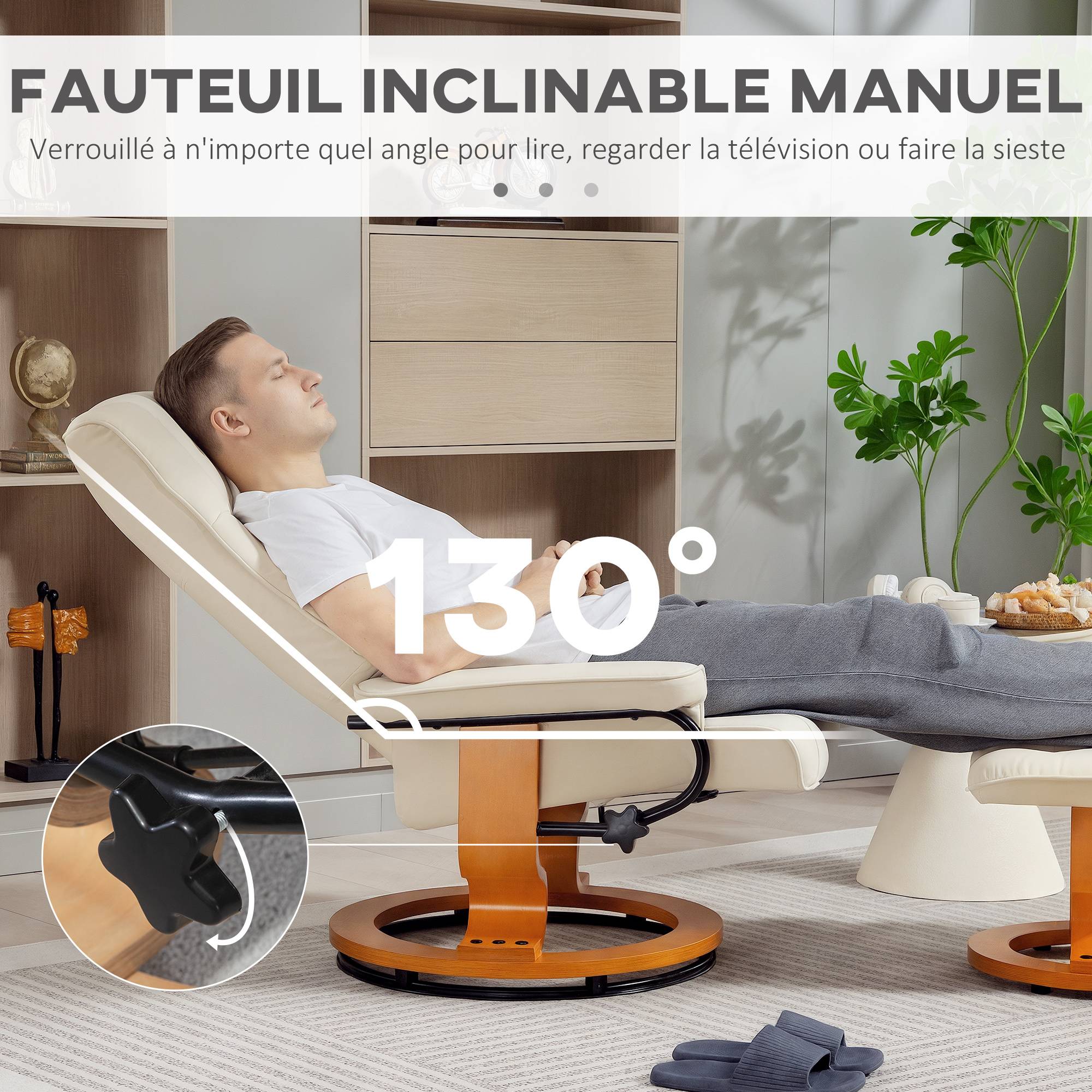 Fauteuil de relaxation inclinable avec repose-pied, pivotant, cadre en bois , revêtement synthétique crème - Image 6