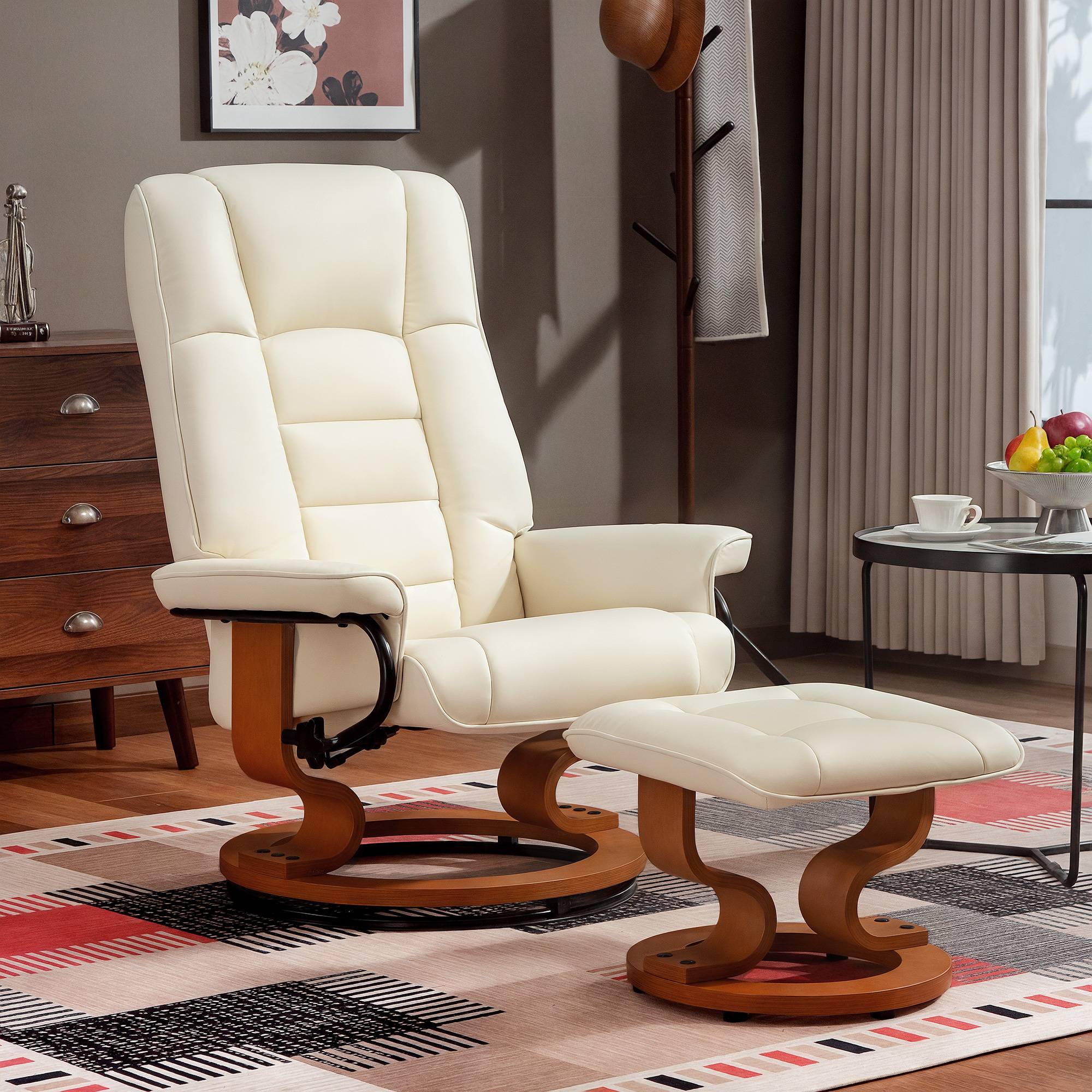 Fauteuil de relaxation inclinable avec repose-pied, pivotant, cadre en bois , revêtement synthétique crème - Image 4