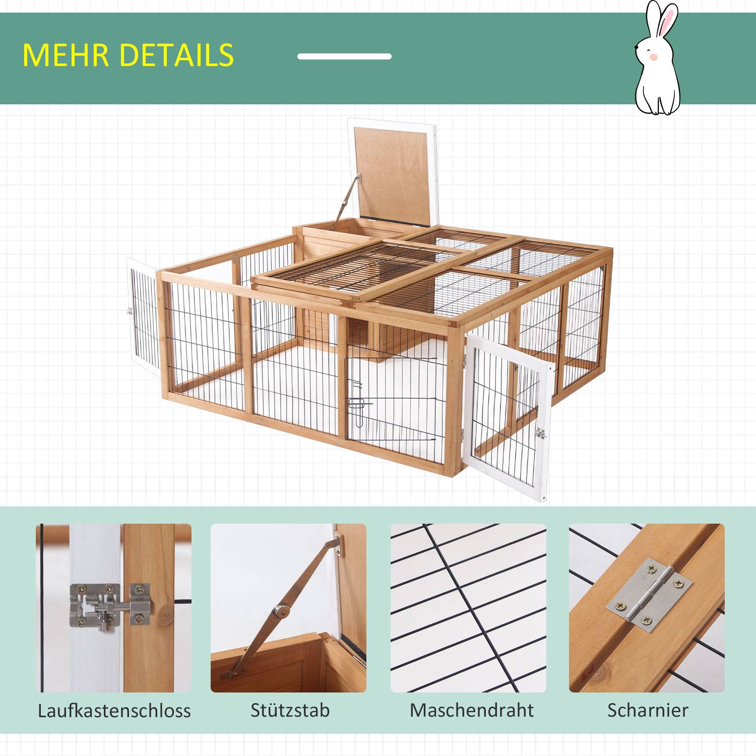Enclos pour petits animaux en bois de sapin naturel 123 x 120 x 52 cm - PANGIVO - Image 6