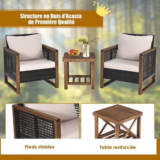 Ensemble salon de jardin en bois d'acacia rotin artisanal anti-soleil résistant aux intempéries pour porche balcon terrasse - Image 6
