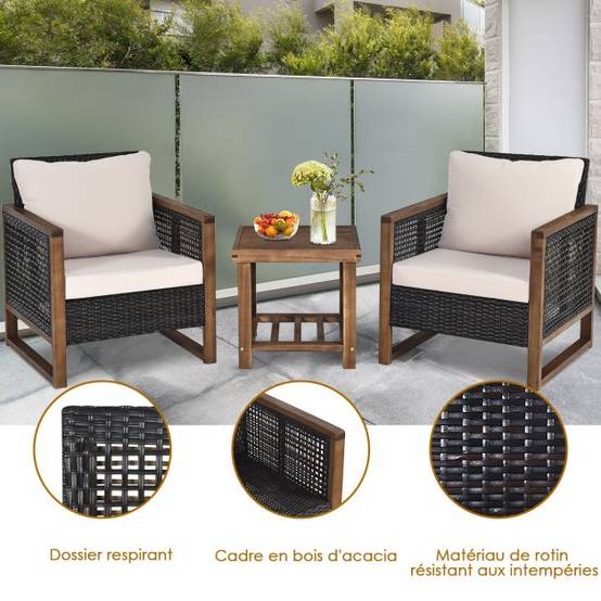 Ensemble salon de jardin en bois d'acacia rotin artisanal anti-soleil résistant aux intempéries pour porche balcon terrasse - Image 4