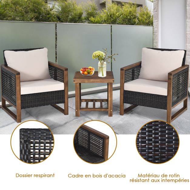 Ensemble salon de jardin en bois d'acacia rotin artisanal anti-soleil résistant aux intempéries pour porche balcon terrasse - Image 4