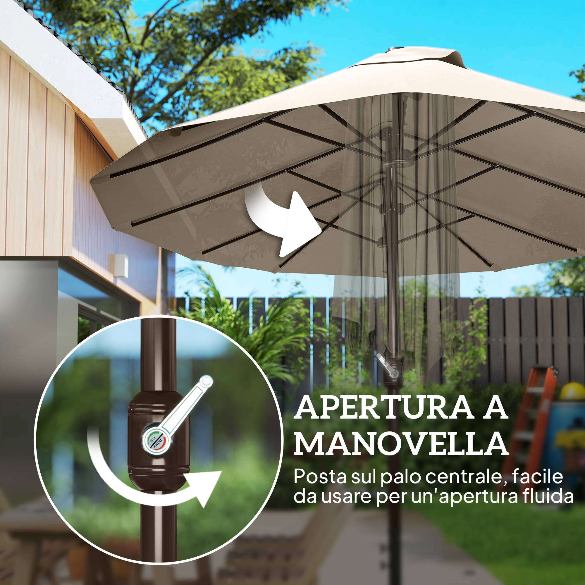 Parasol double 12 baleines avec base en croix et manivelle, avec sacs de sable, acier et polyester, 455x265x238 cm, kaki - Image 10