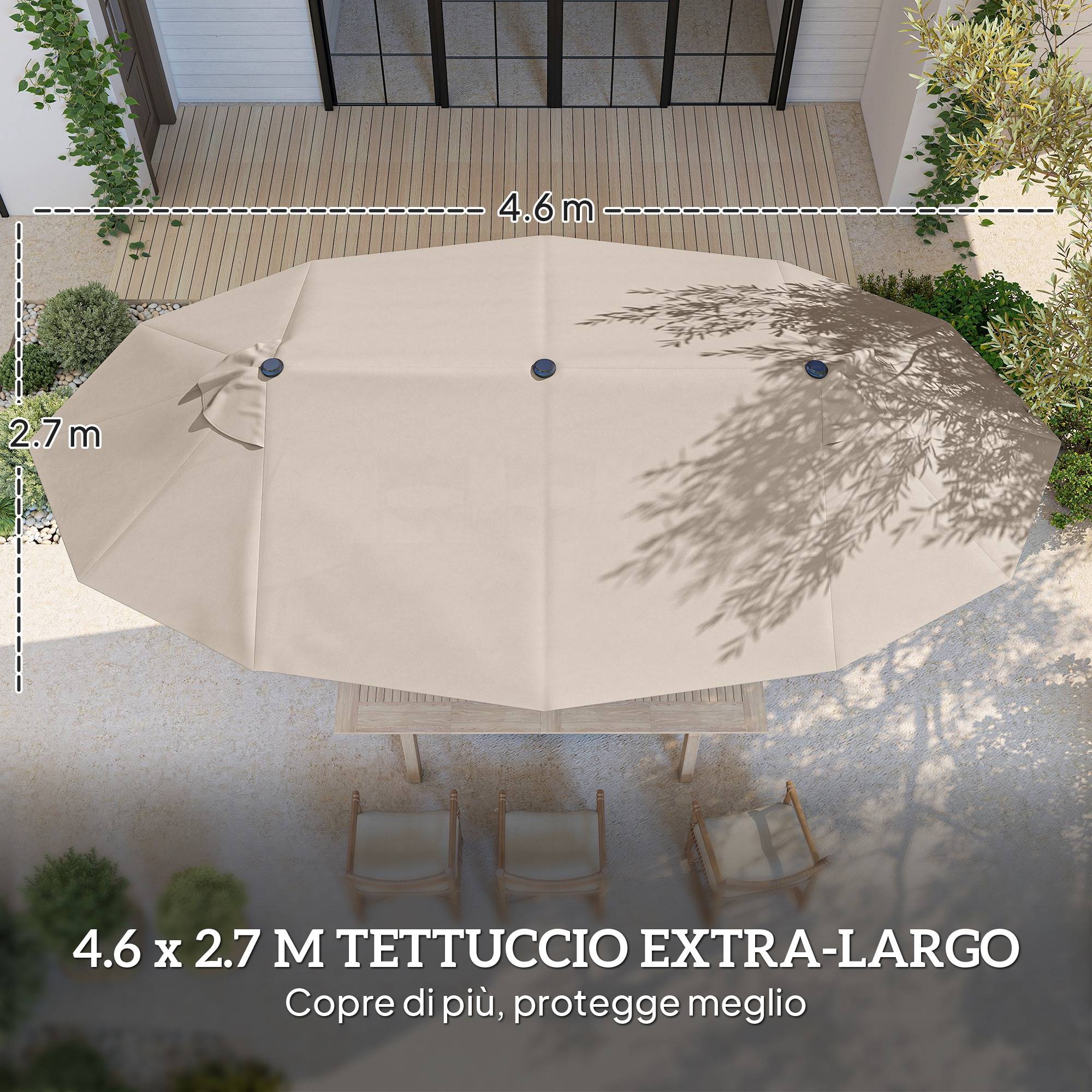 Parasol double 12 baleines avec base en croix et manivelle, avec sacs de sable, acier et polyester, 455x265x238 cm, kaki - Image 6