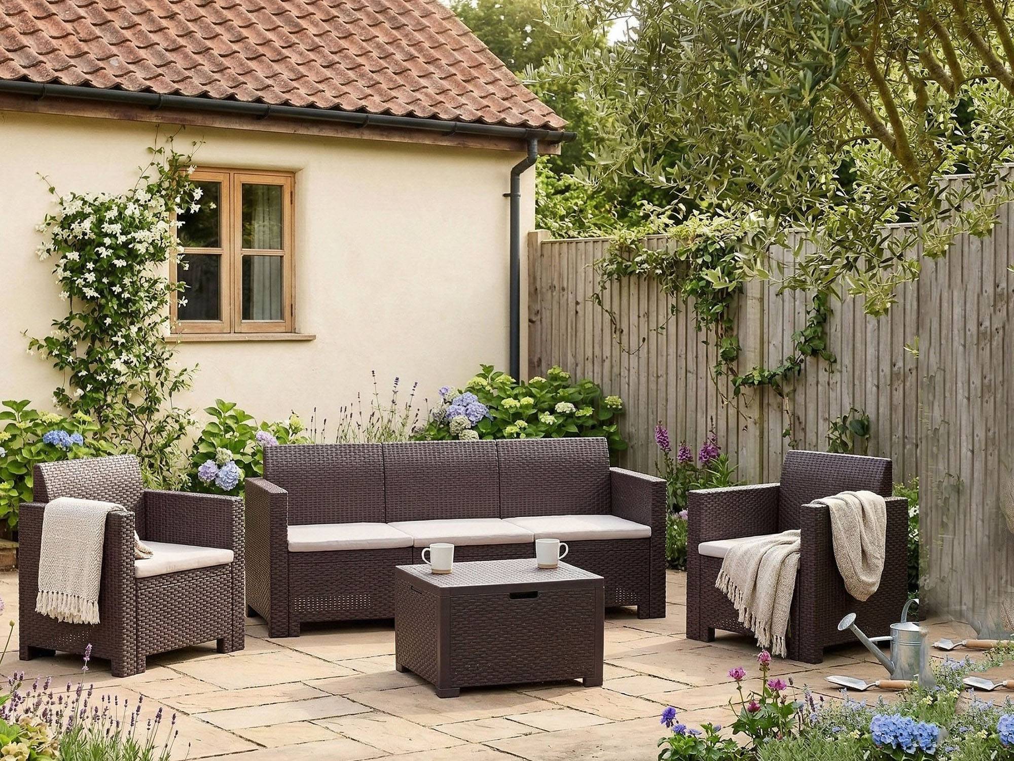 Dmora - Ensemble de salon d'extérieur Dmuh, Salon de jardin avec coussins, Salon d'intérieur effet rotin, 100% Made in Italy, Marron - Dmora - Imagen 6