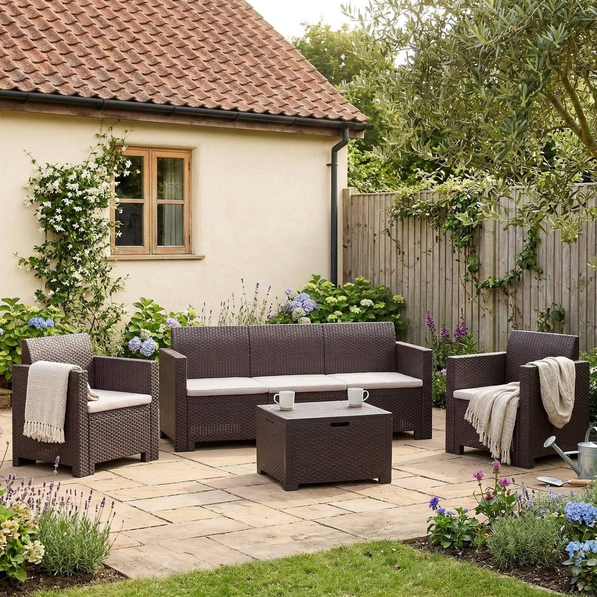 Dmora - Ensemble de salon d'extérieur Dmuh, Salon de jardin avec coussins, Salon d'intérieur effet rotin, 100% Made in Italy, Marron - Dmora - Imagen 2