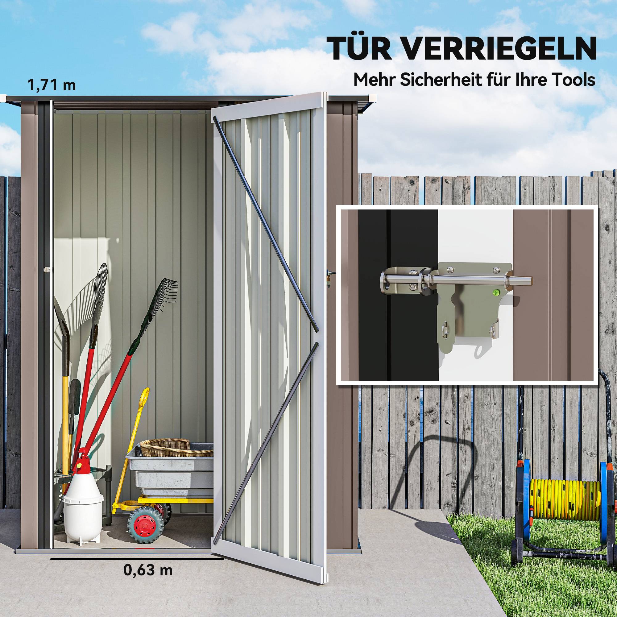 Abri 1,07m² toit incliné 142x86x189cm outillage porte verrouillable jardin acier brun - Image 7
