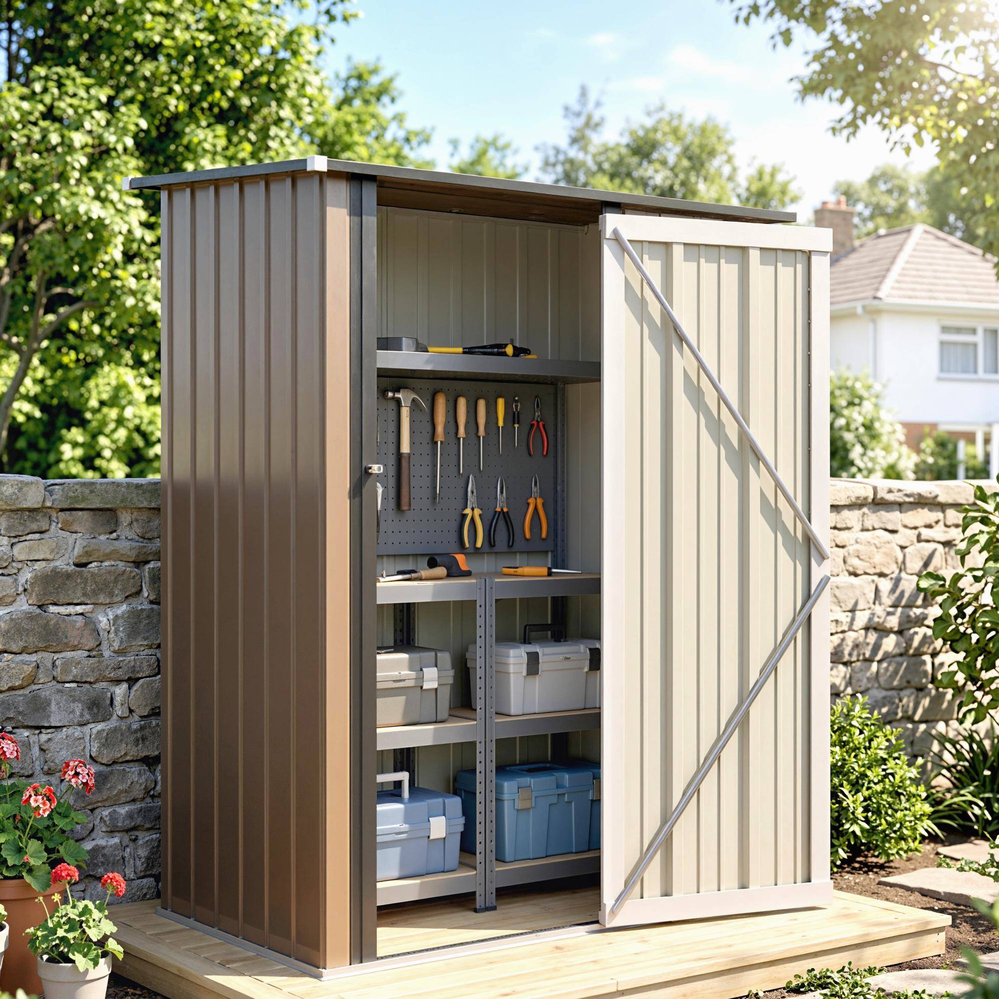 Abri 1,07m² toit incliné 142x86x189cm outillage porte verrouillable jardin acier brun - Image 3