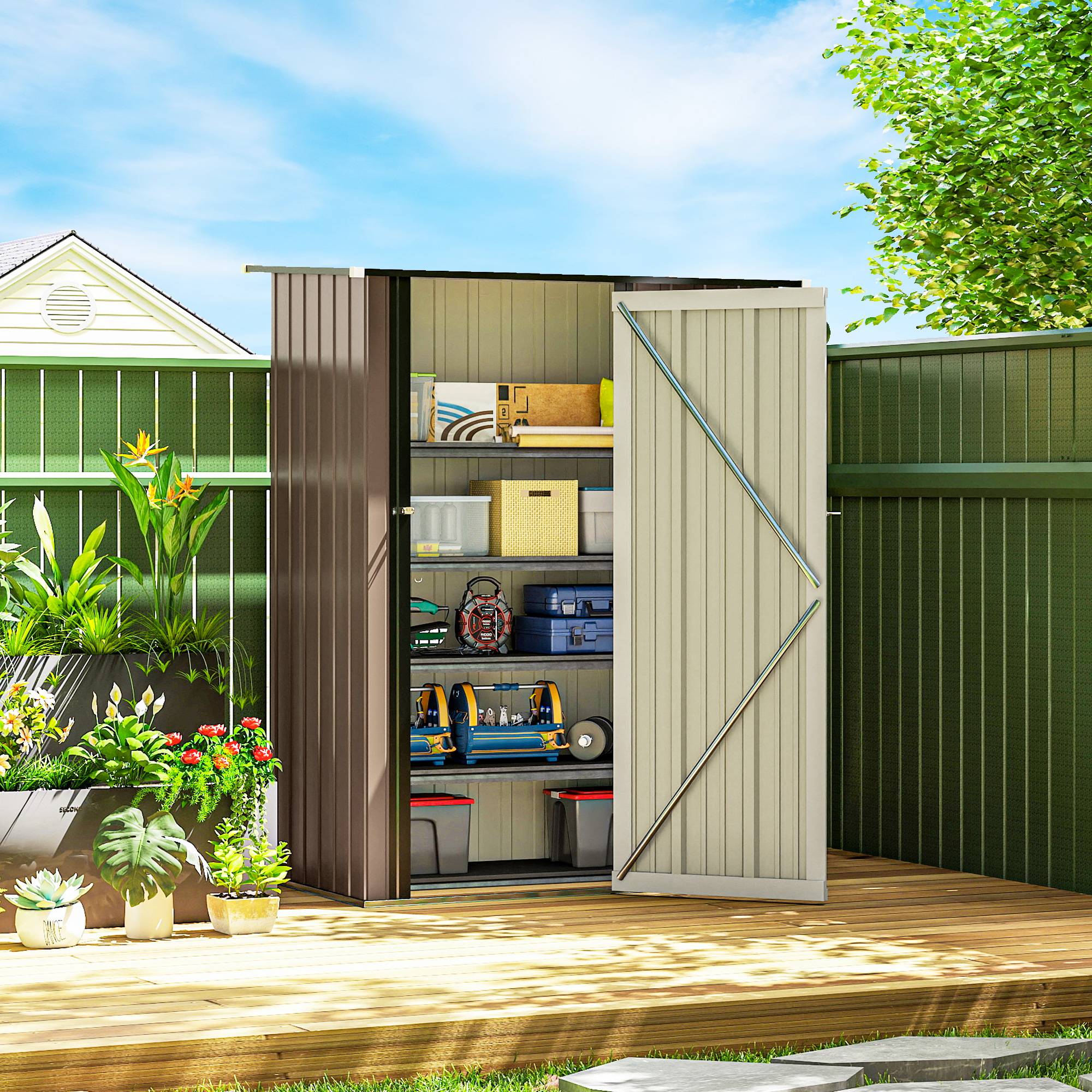 Abri 1,07m² toit incliné 142x86x189cm outillage porte verrouillable jardin acier brun - Image 4