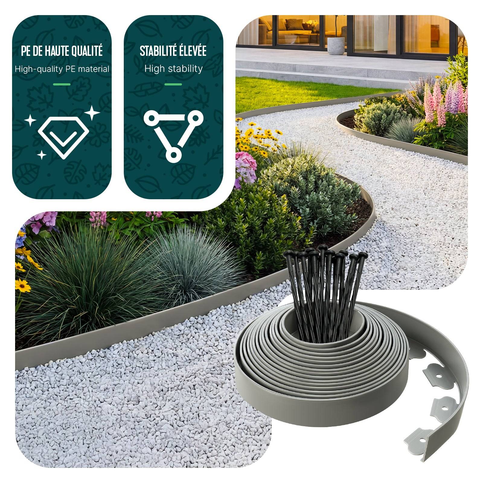 Bordure De Jardin Flexible 10 M – Hauteur 5 Cm – Plastique Robuste Avec 30 Piquets – Anti-Rhizomes & Décoration Extérieure