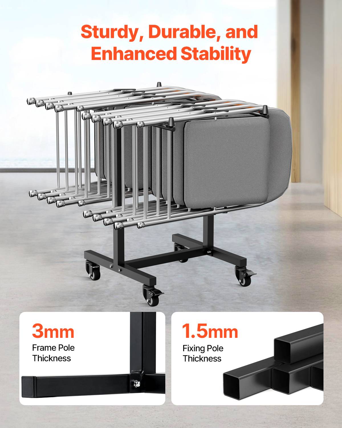Vevor - VEVOR Chariot chaises pliantes, charge 90kg. Support 14 chaises, forme T, roues. Pour salle à manger. Noir. - Image 3