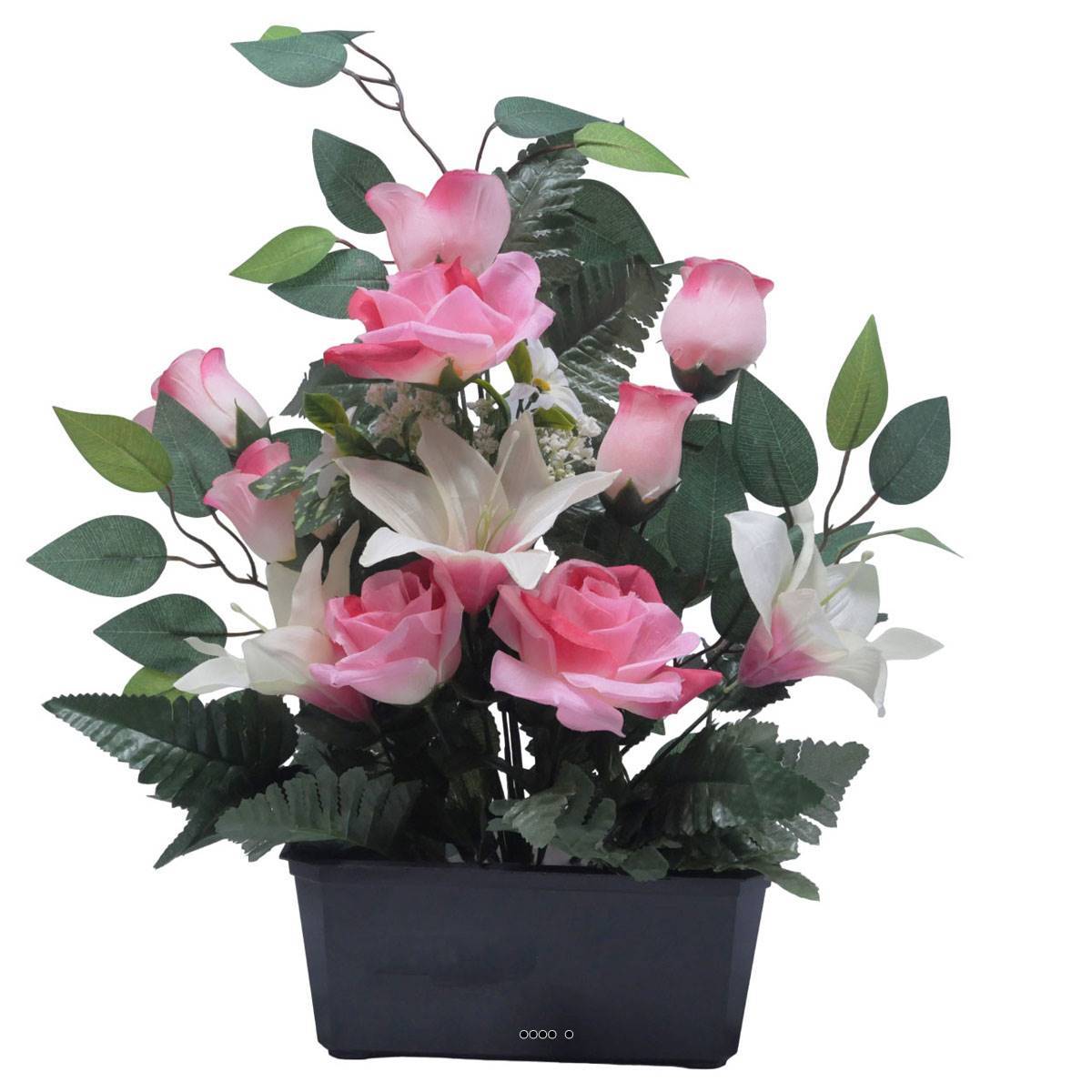 Artificielles - Jardinière fleurs Rose, Bouton de rose, Lys tigré et Ficus Rose artificiels pour la Toussaint - couleur: Rose 715 - Imagen 1