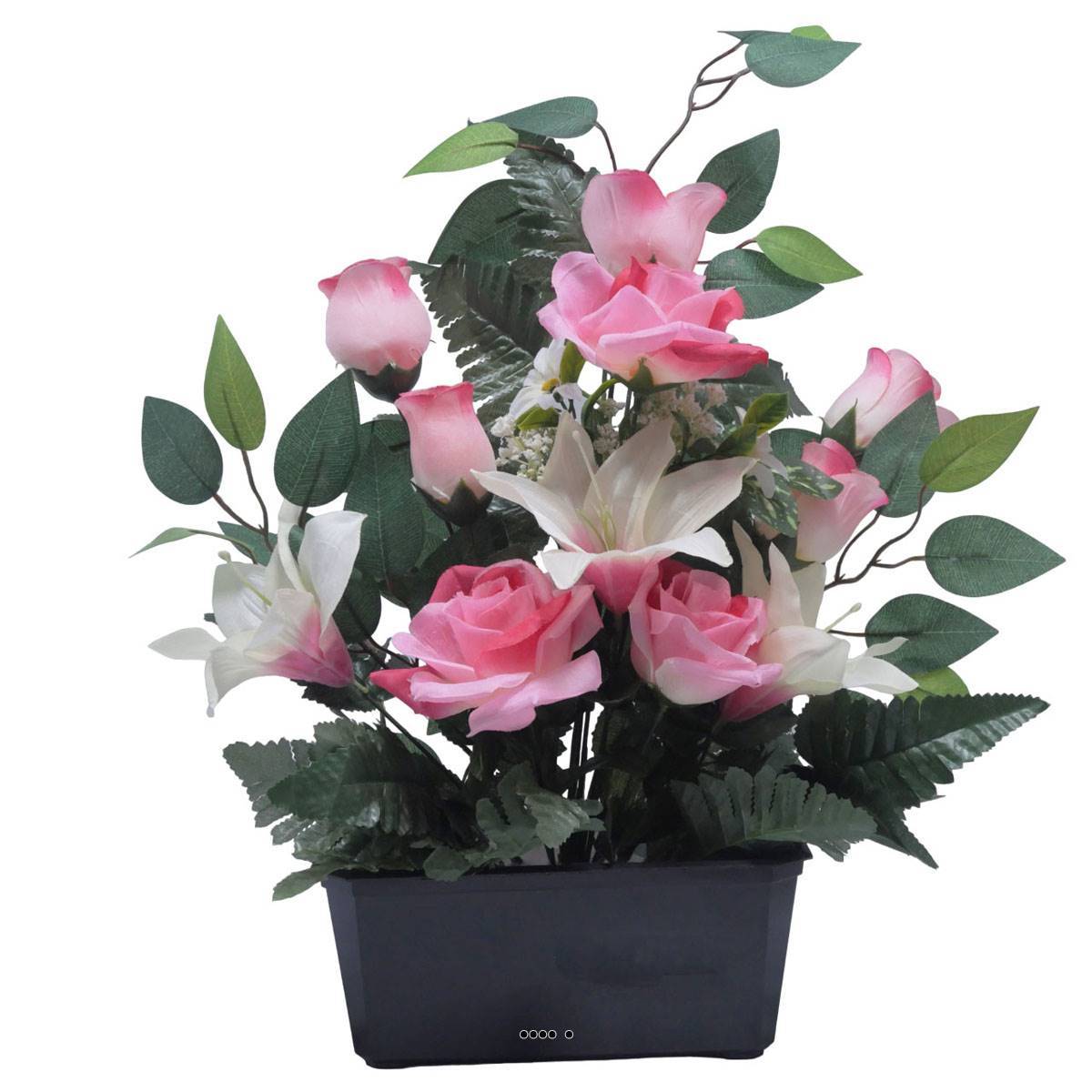 Artificielles - Jardinière fleurs Rose, Bouton de rose, Lys tigré et Ficus Rose artificiels pour la Toussaint - couleur: Rose 715 - Imagen 2