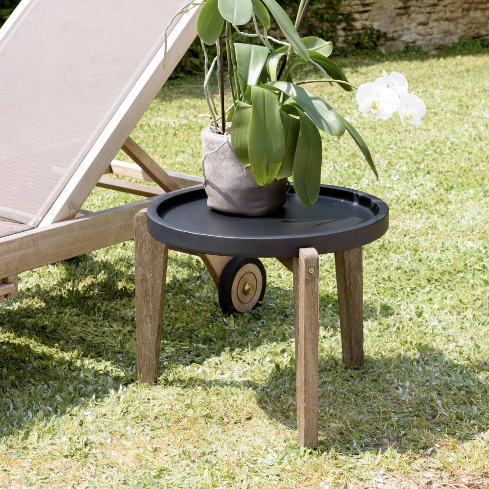 Macabane - HECTOR - Table d'appoint 55x52cm plateau béton noir mat pieds acacia - Imagen 2