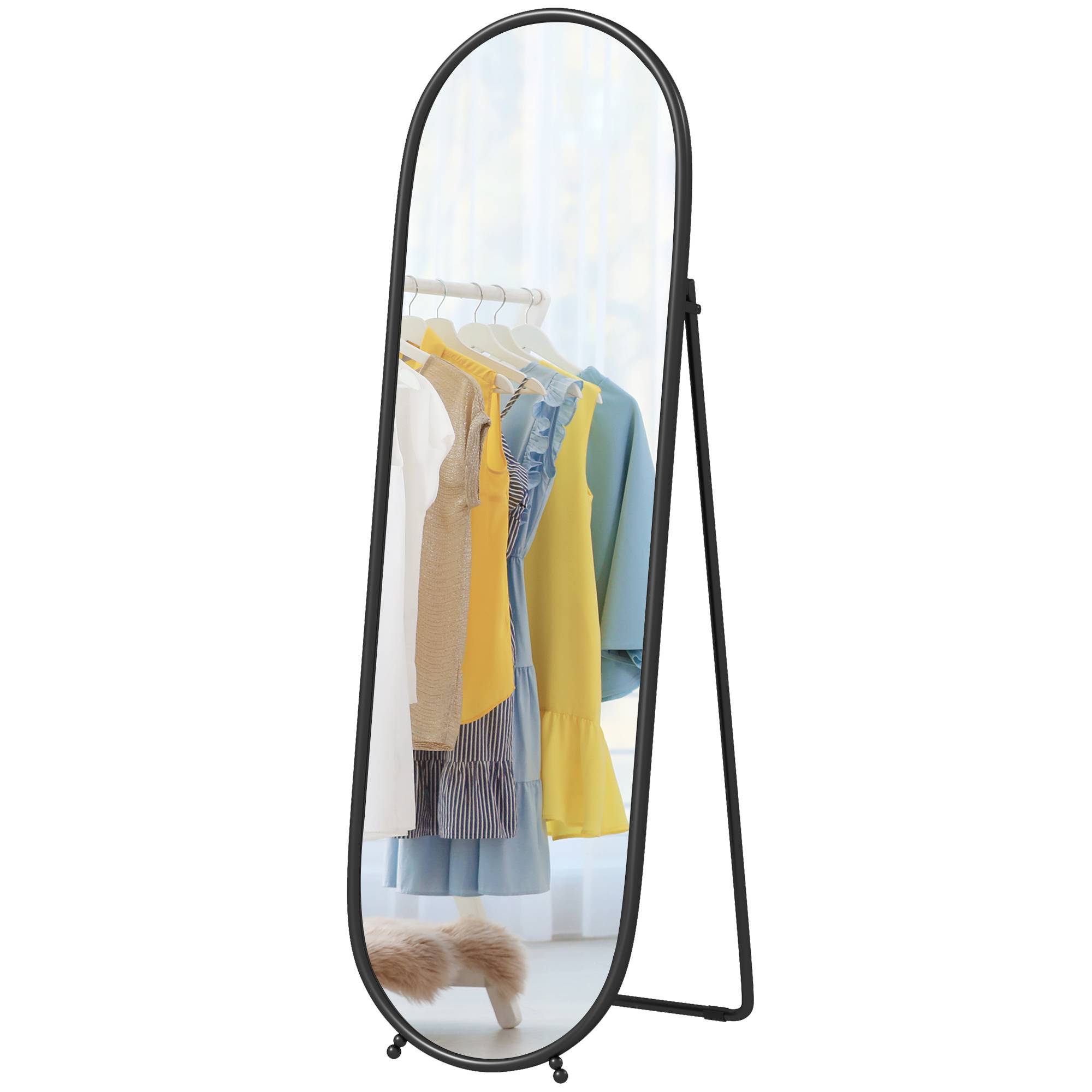 Sans Marque - Grand miroir sur pied, miroir ovale, cadre en métal noir, avec support pour entrée, chambre, dressing, 40 x 160 cm - Image 2