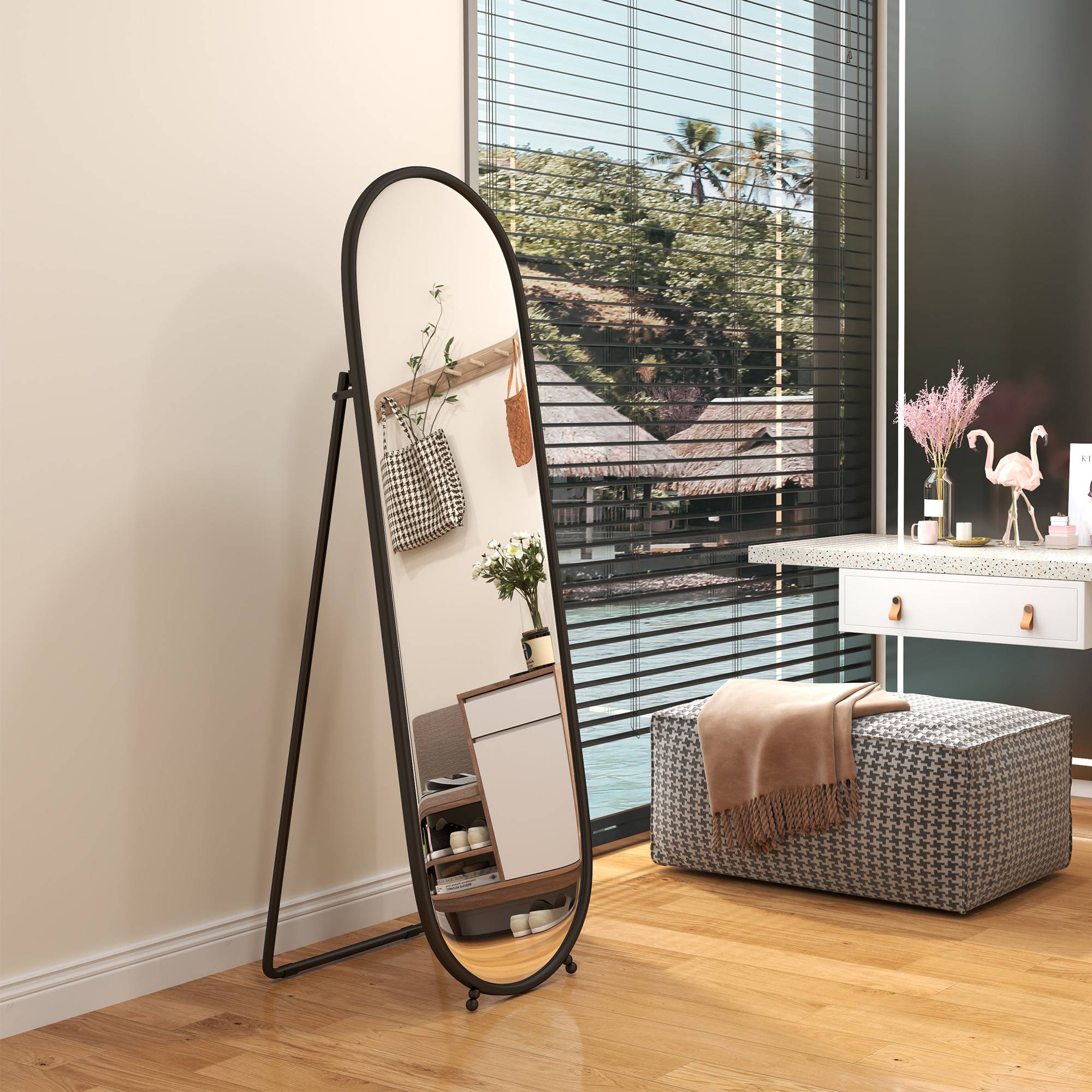 Sans Marque - Grand miroir sur pied, miroir ovale, cadre en métal noir, avec support pour entrée, chambre, dressing, 40 x 160 cm - Image 3