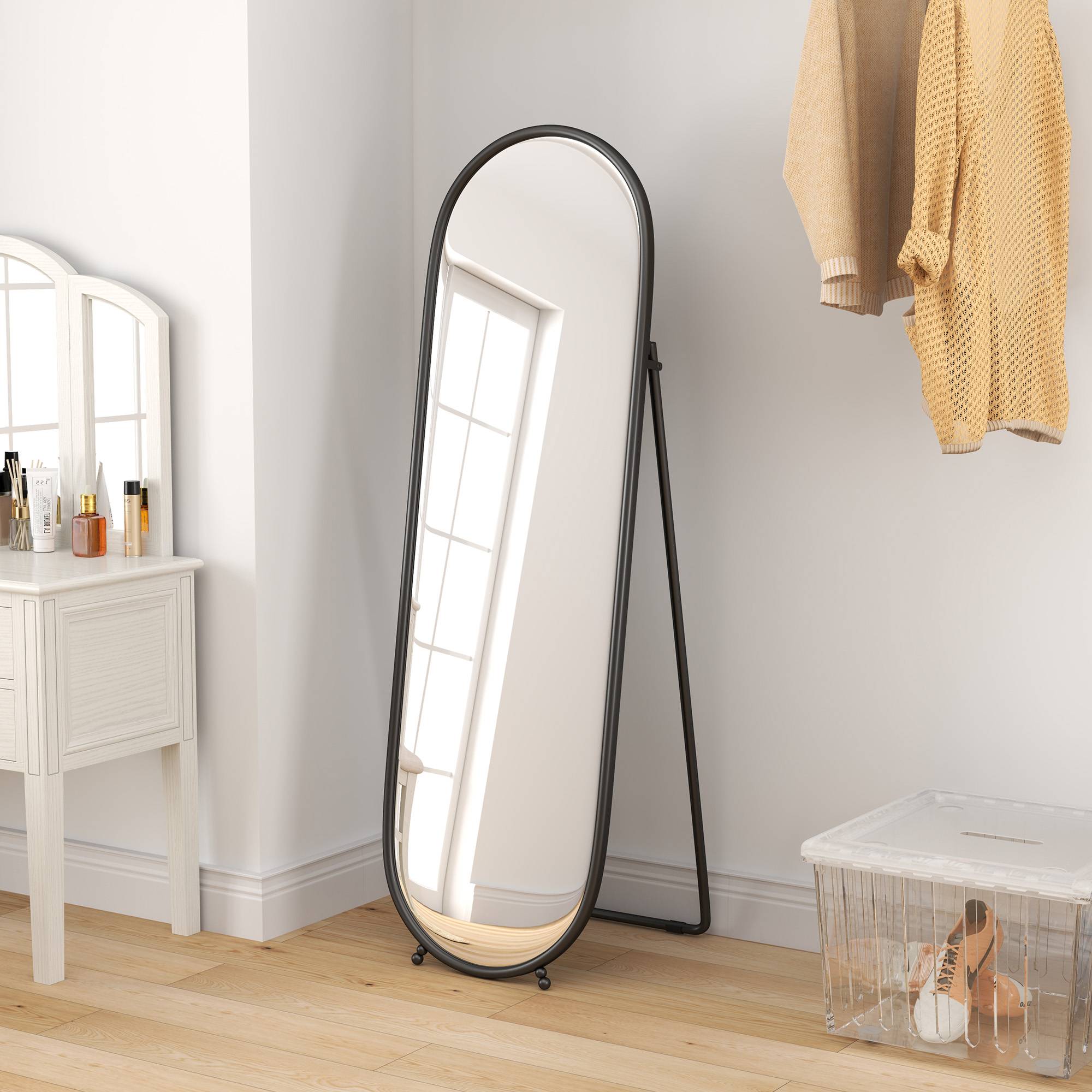 Sans Marque - Grand miroir sur pied, miroir ovale, cadre en métal noir, avec support pour entrée, chambre, dressing, 40 x 160 cm - Image 4