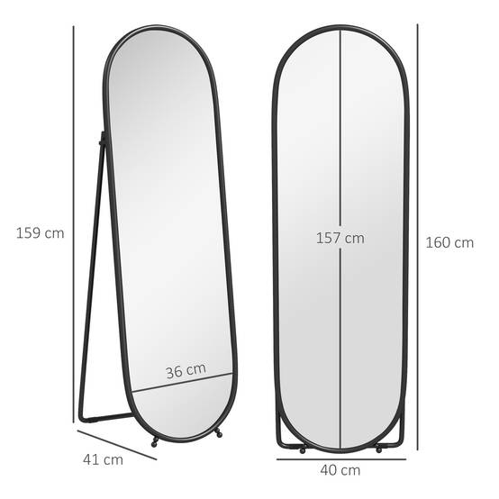 Sans Marque - Grand miroir sur pied, miroir ovale, cadre en métal noir, avec support pour entrée, chambre, dressing, 40 x 160 cm - Image 5