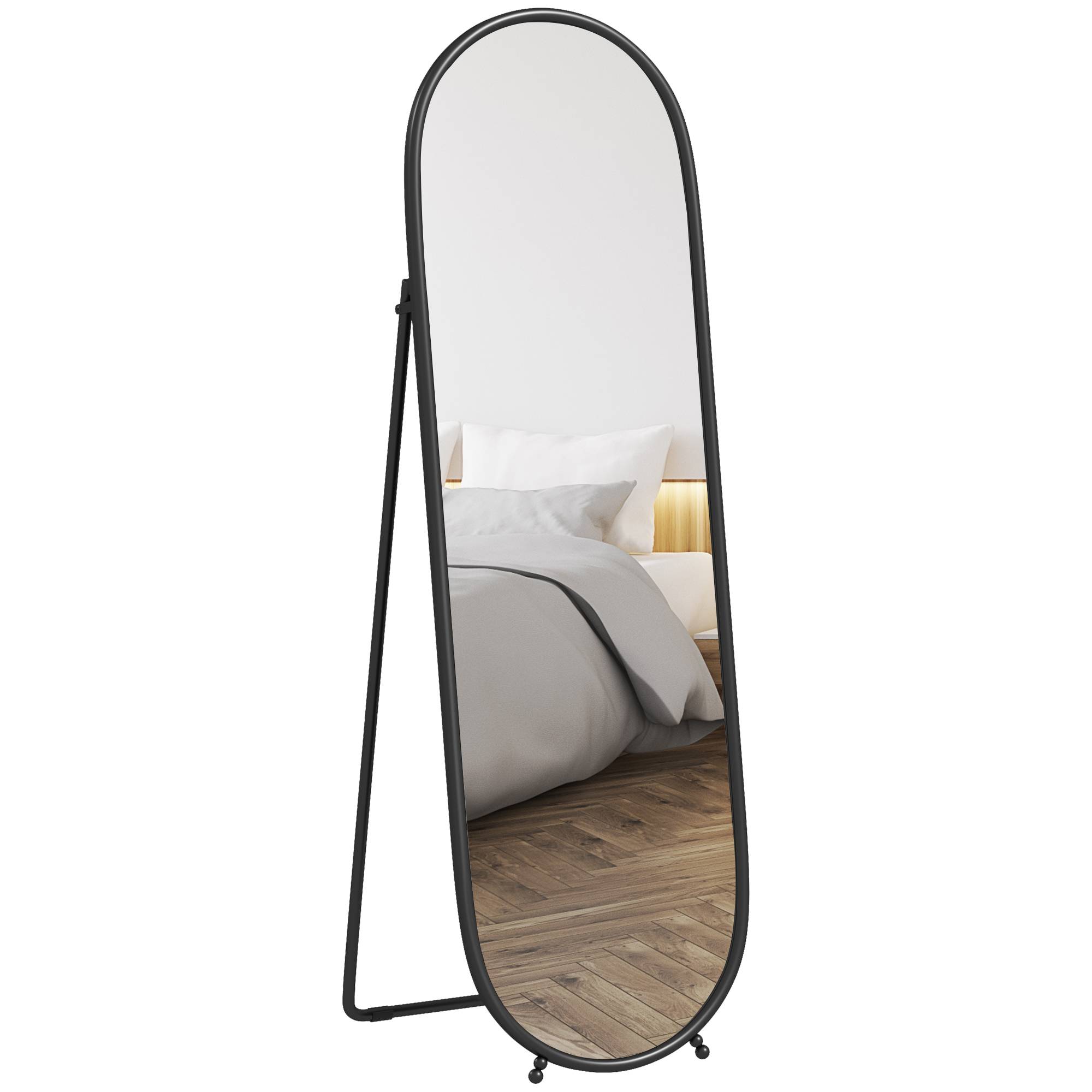Sans Marque - Grand miroir sur pied, miroir ovale, cadre en métal noir, avec support pour entrée, chambre, dressing, 40 x 160 cm - Image 1