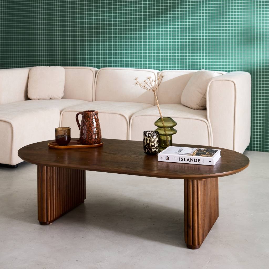 sweeek - Table basse ovale bois d'hévéa placage chêne teinte noyer - L 122 x P 65 x H 35 cm - Gabrielle | sweeek - Image 1