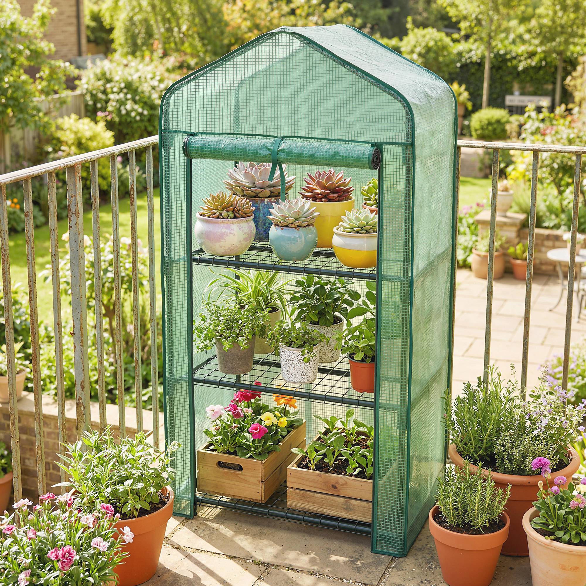Mini serre de balcon en PE et acier avec étagères pour plantes floraison 59x39cm vert - ComfortXL Outdoor Living - Image 3